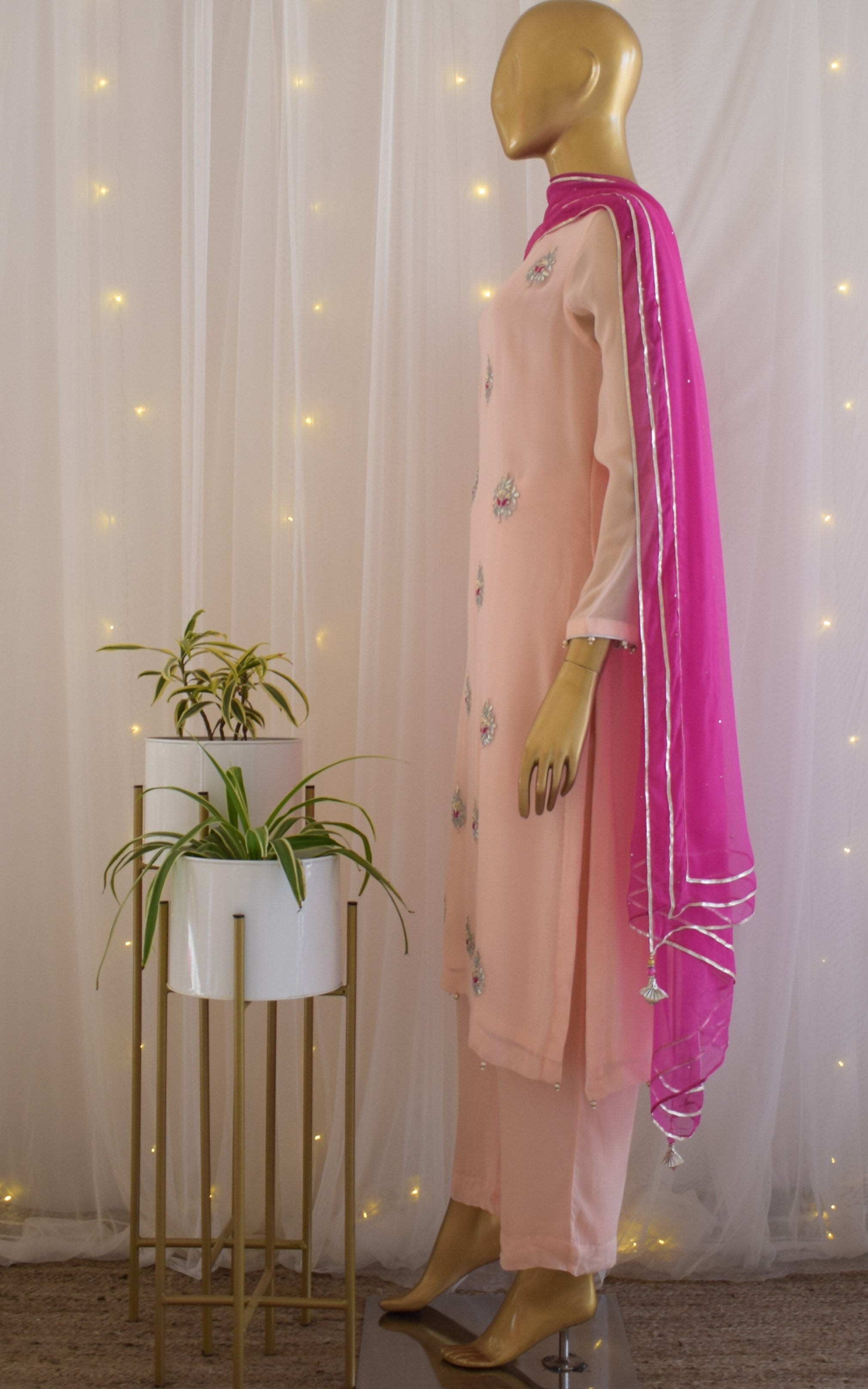 Powder Pink Gota Patti Kurta Set with Mukaish Dupatta