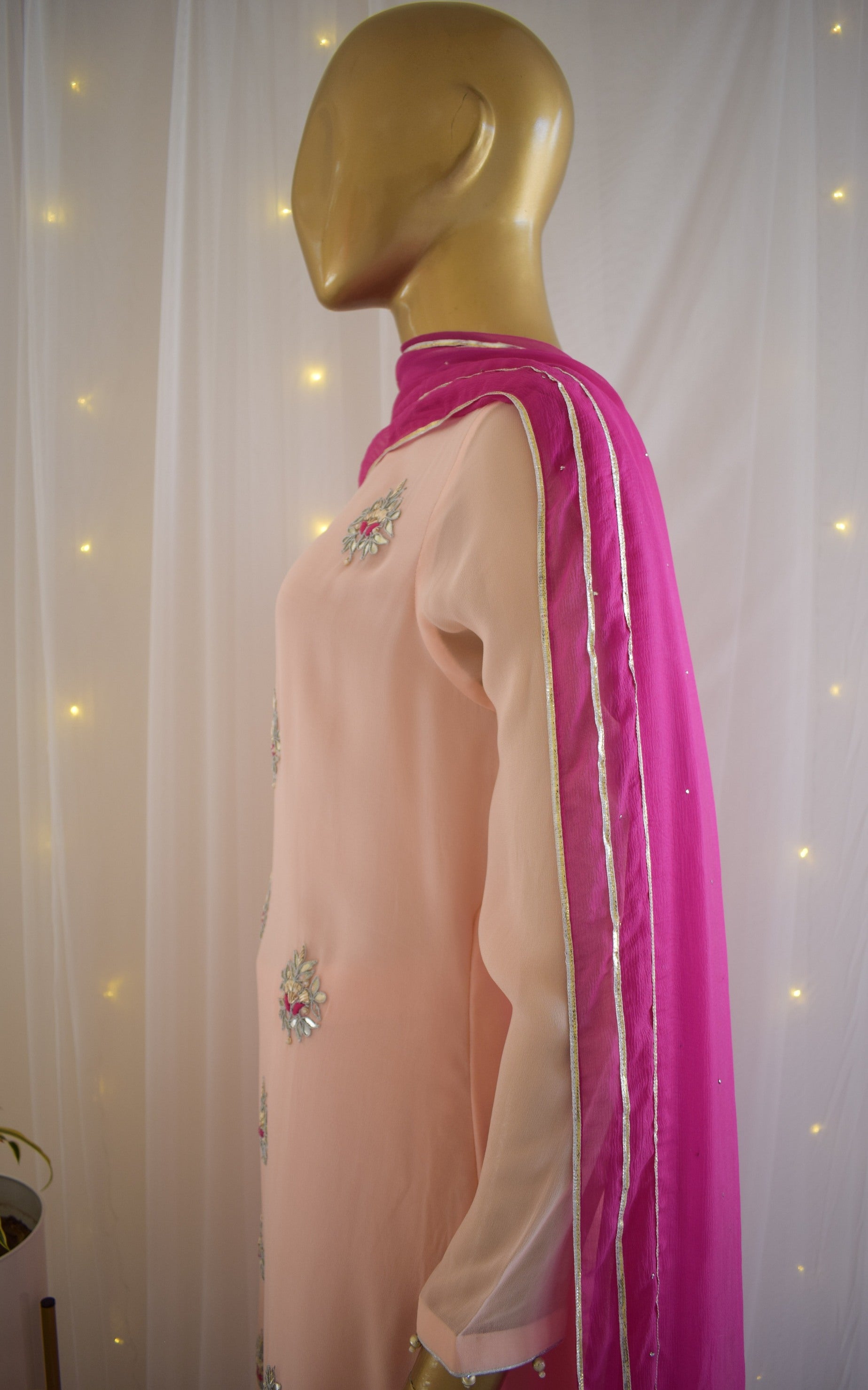 Powder Pink Gota Patti Kurta Set with Mukaish Dupatta