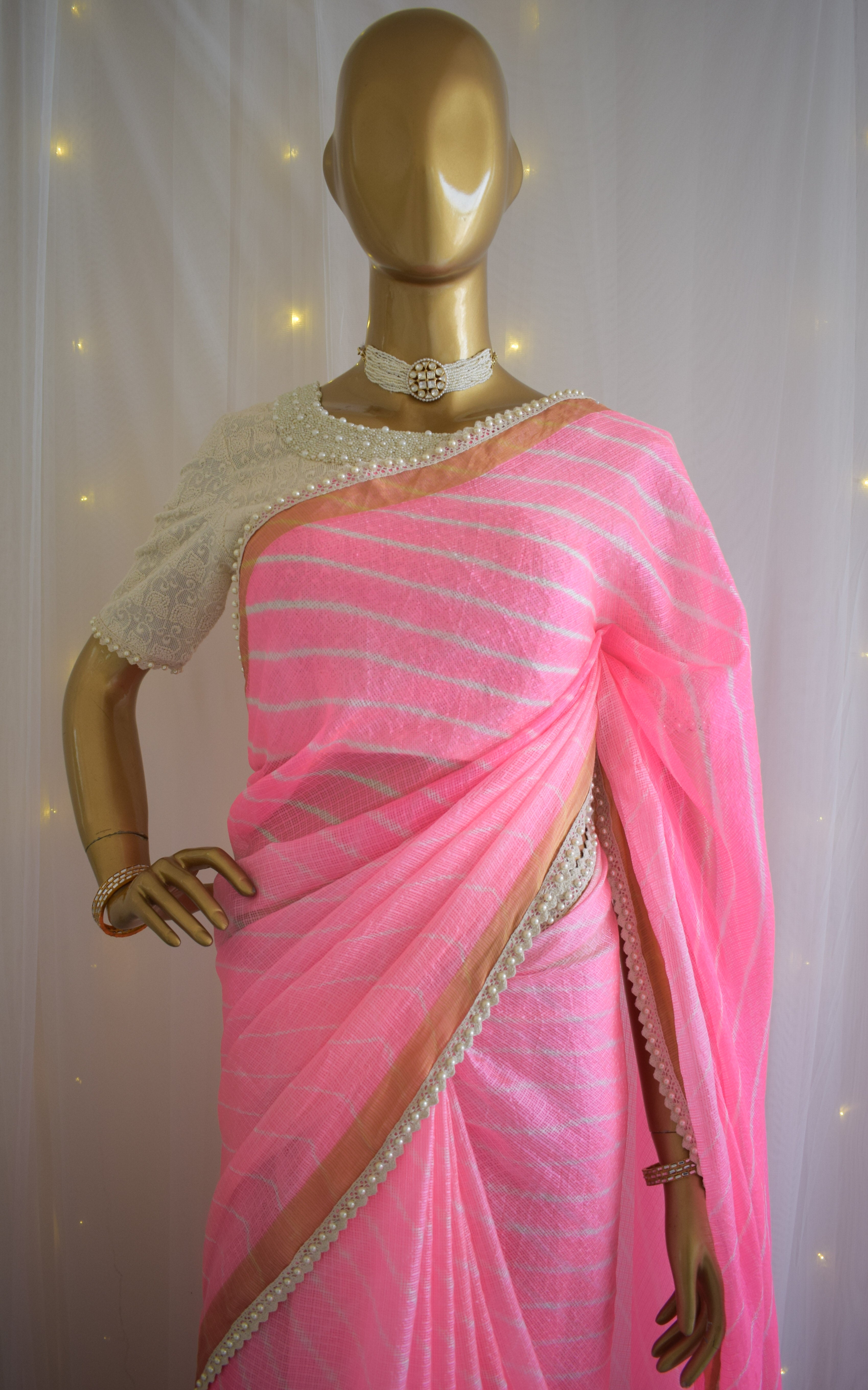 Neon Pink Kota Silk Leheriya Saree
