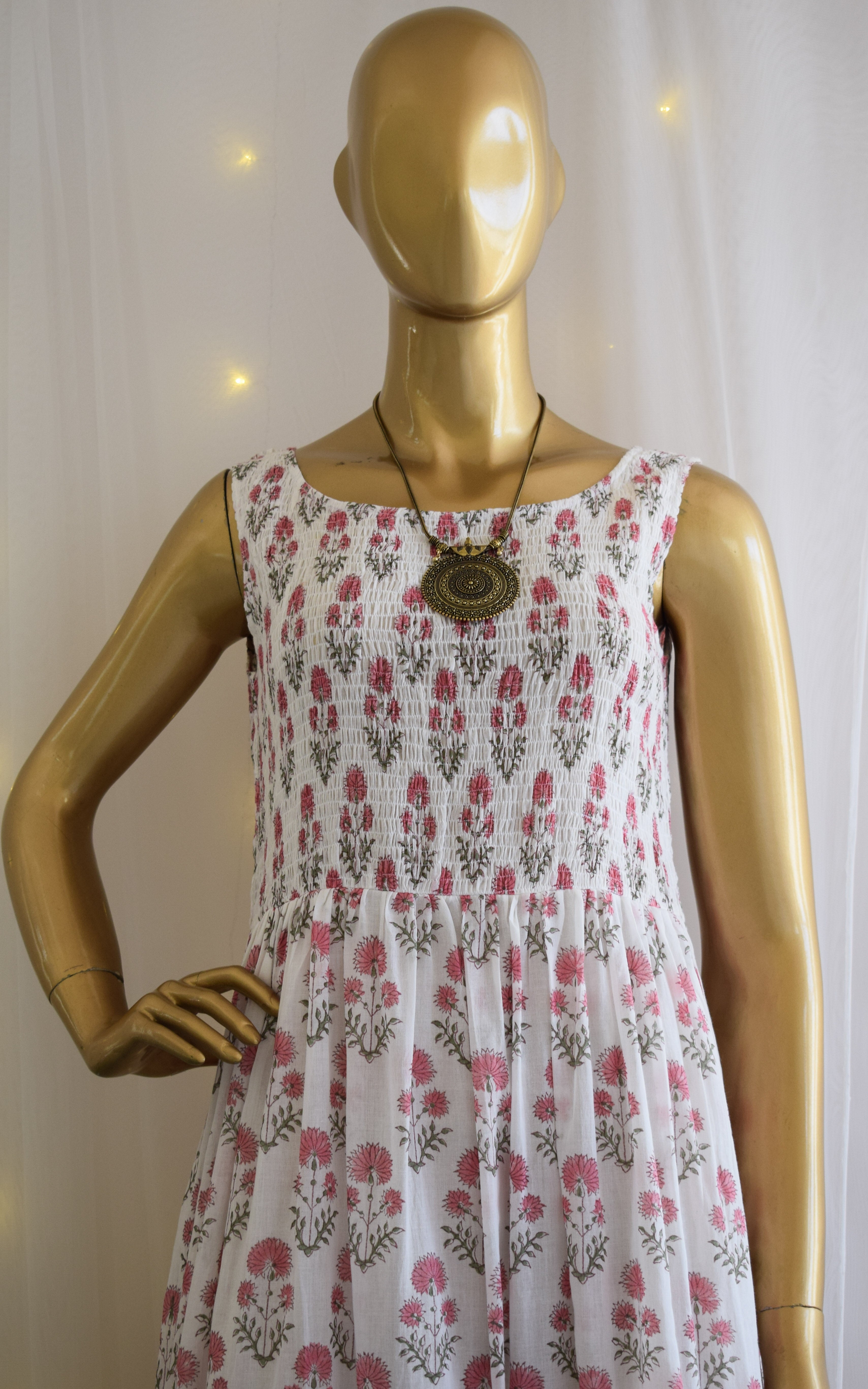 Pink Block Print Smocked Dress