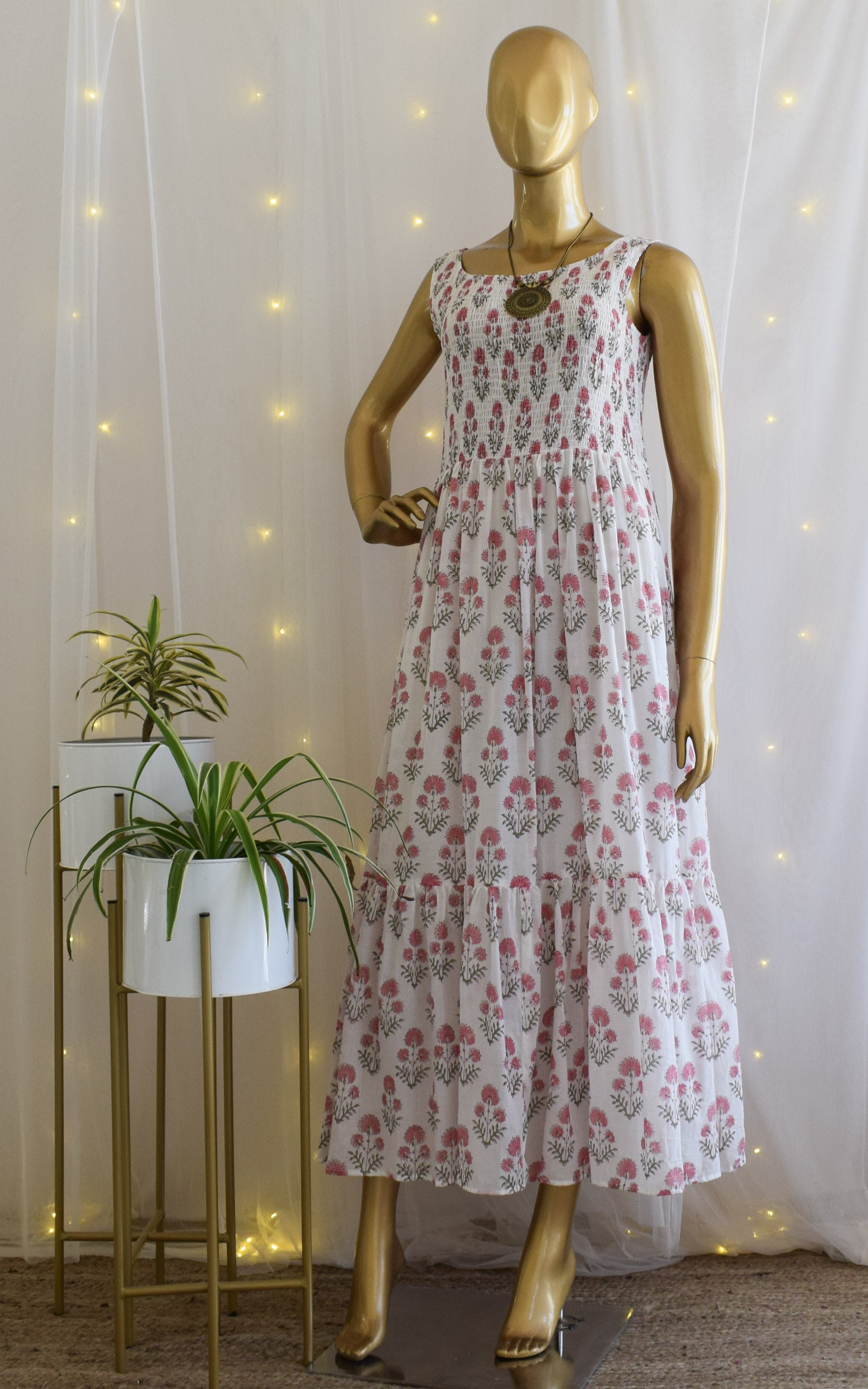 Pink Block Print Smocked Dress