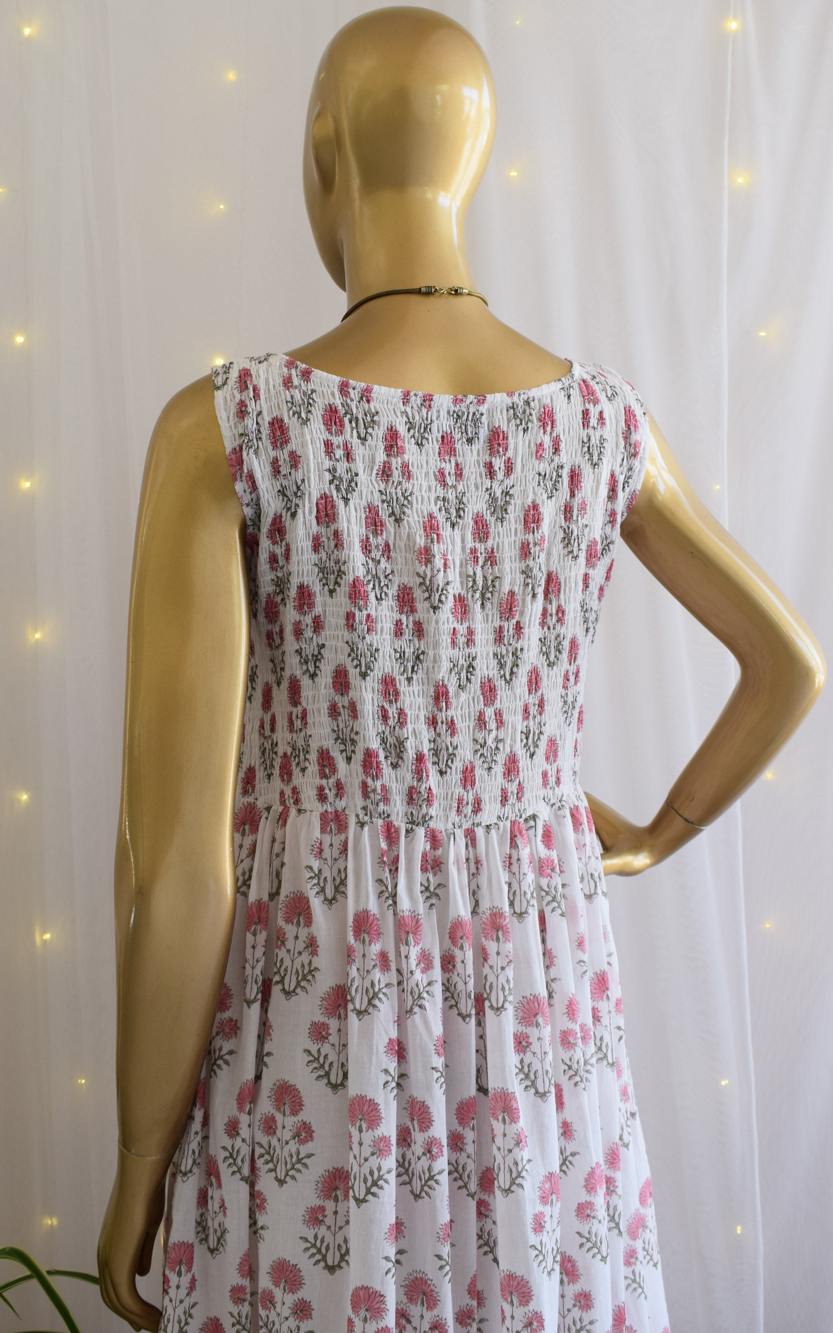 Pink Block Print Smocked Dress