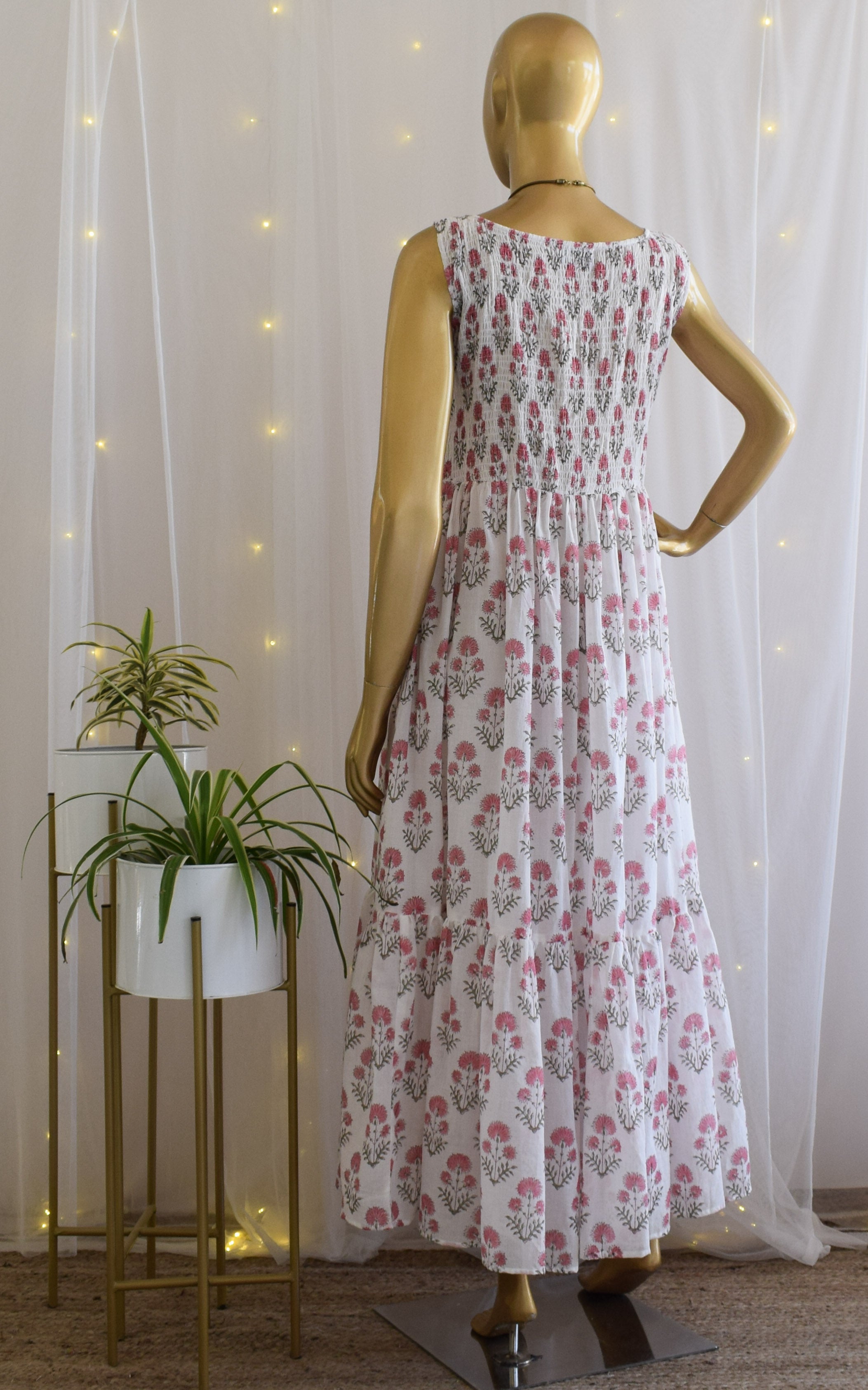 Pink Block Print Smocked Dress