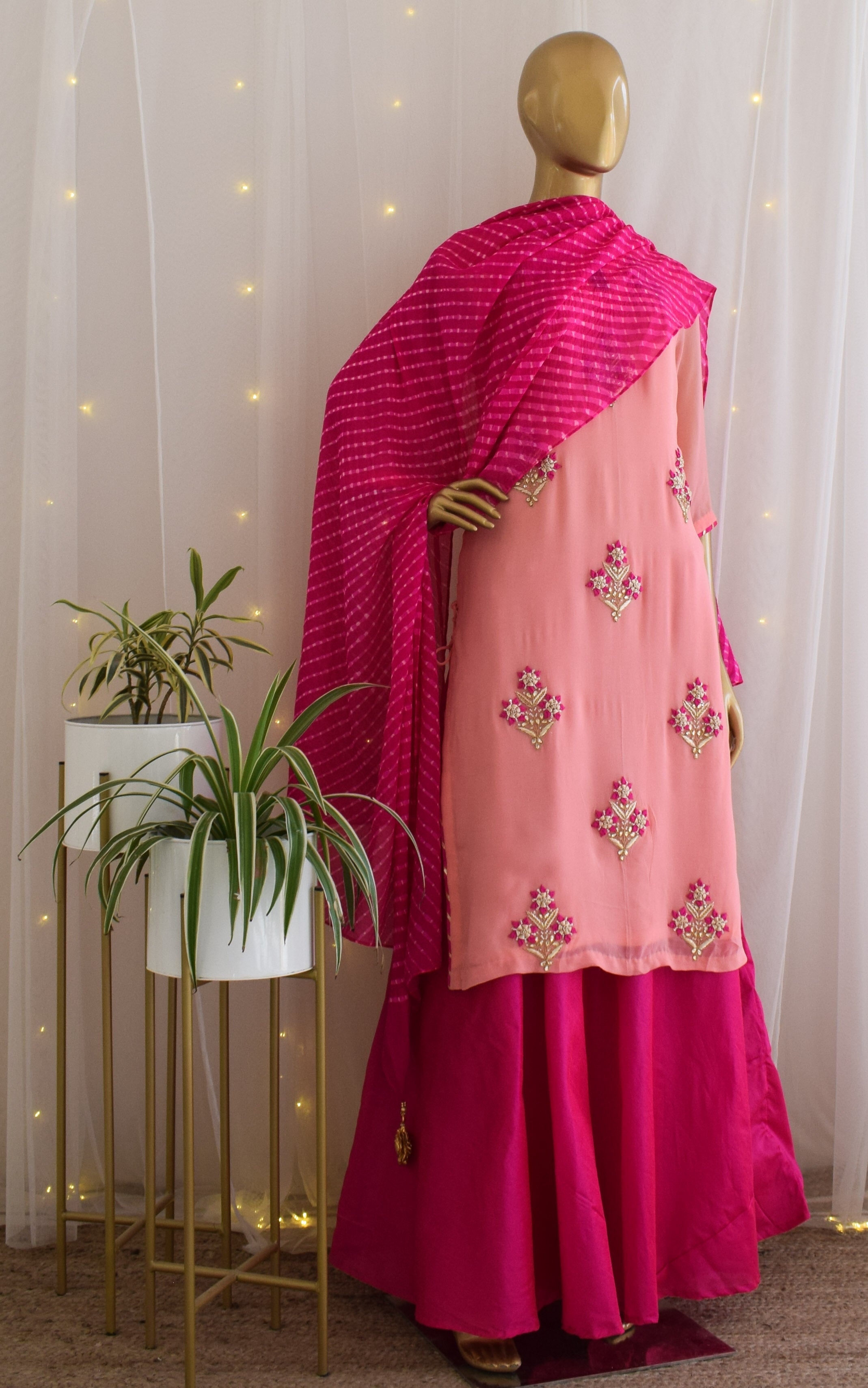 Niti Taylor Pink Handwork Kurta and Skirt Set with Leheriya Dupatta