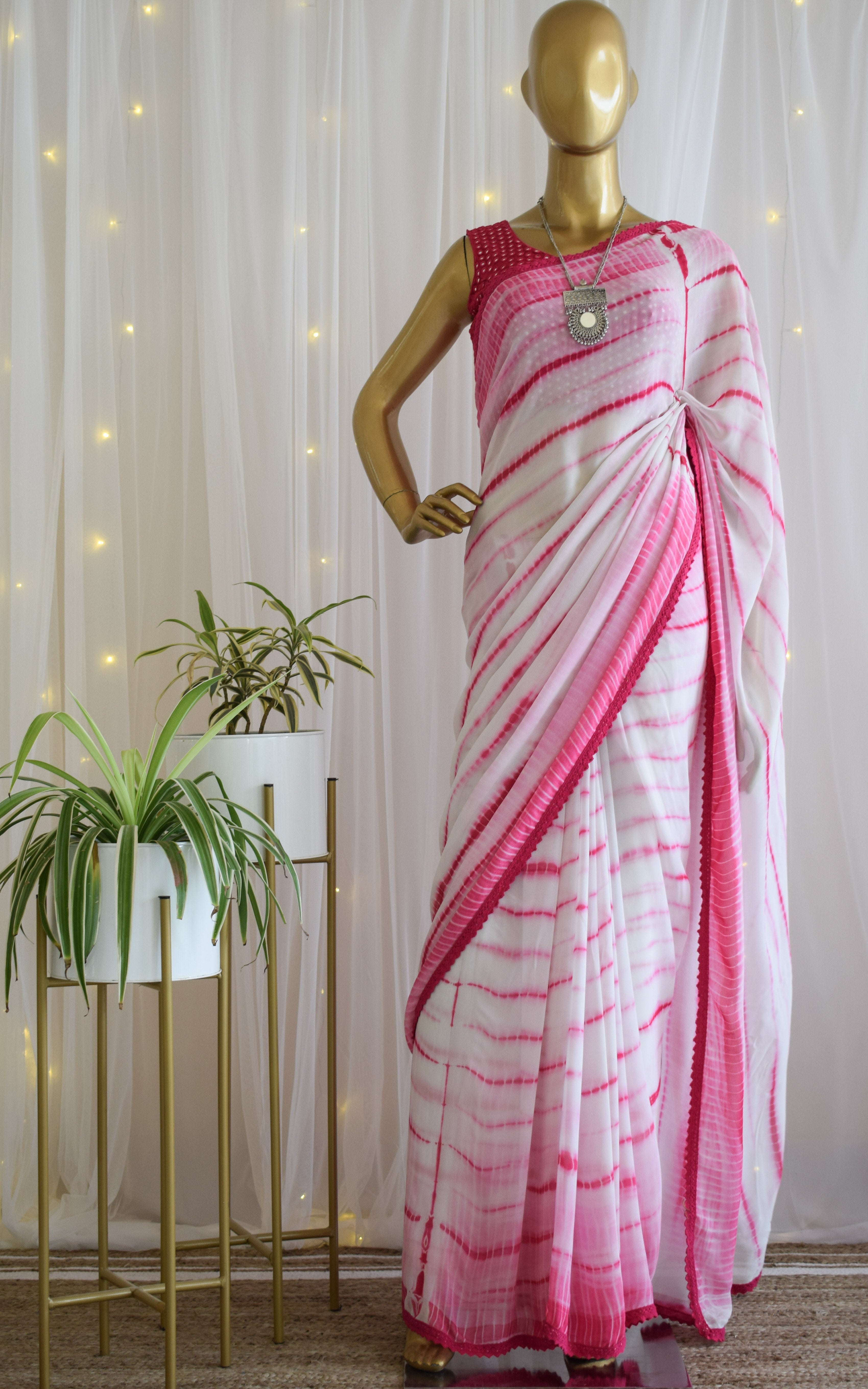 Hot Pink Shibori Saree with Mirrorwork Blouse