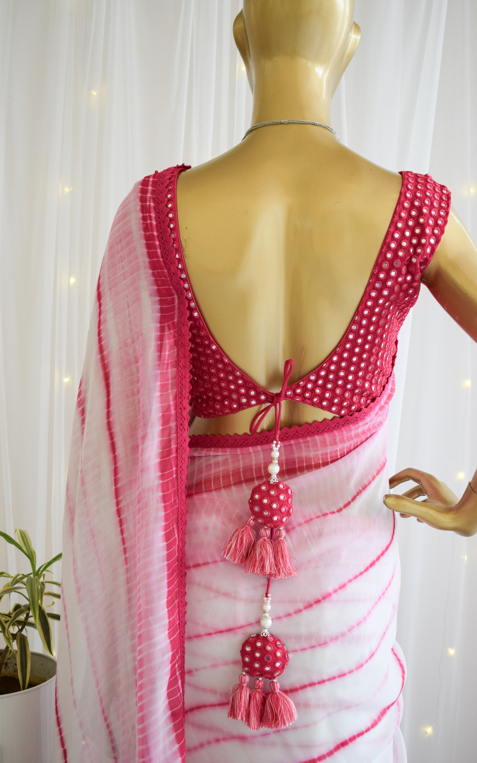 Hot Pink Shibori Saree with Mirrorwork Blouse