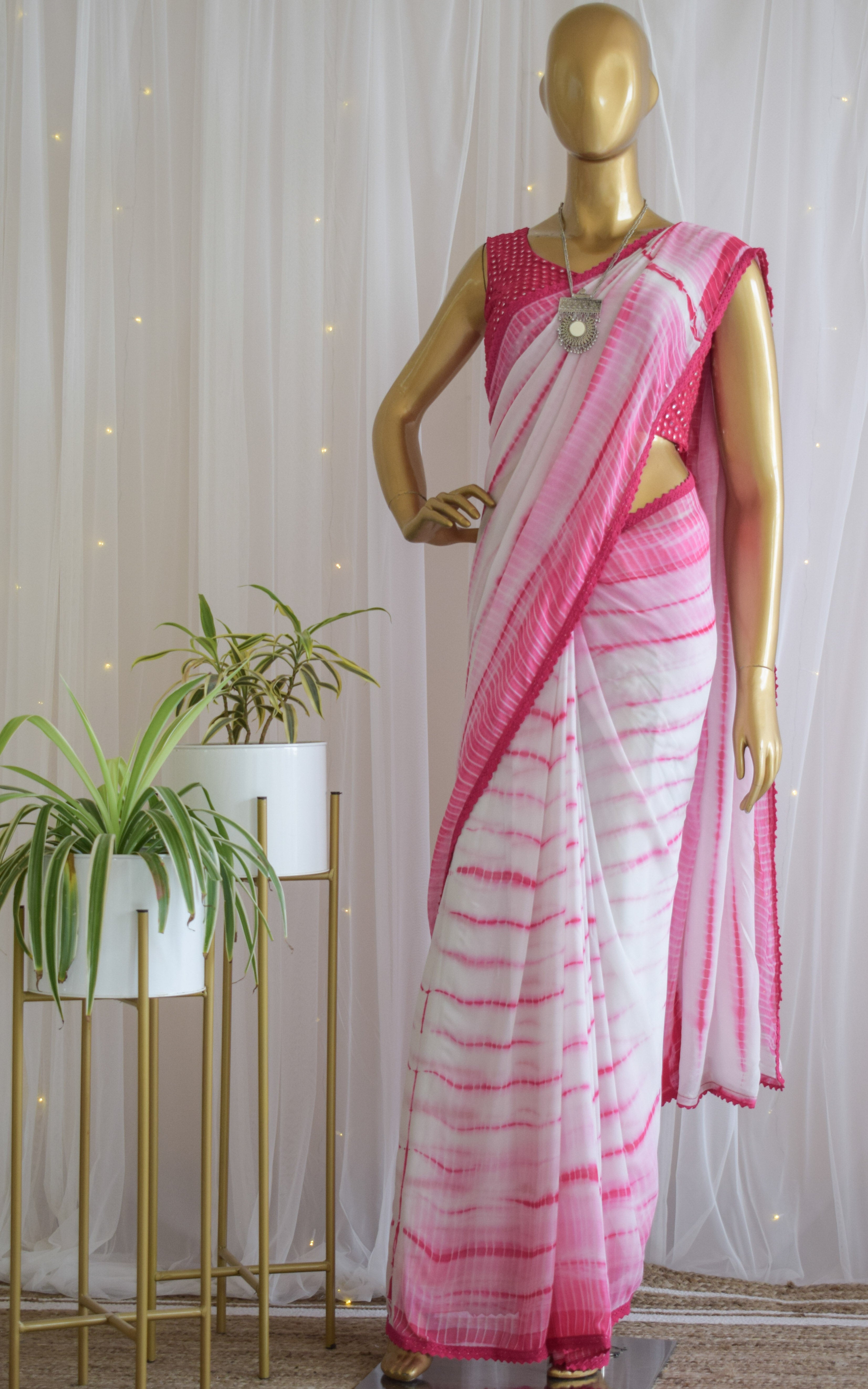 Hot Pink Shibori Saree with Mirrorwork Blouse