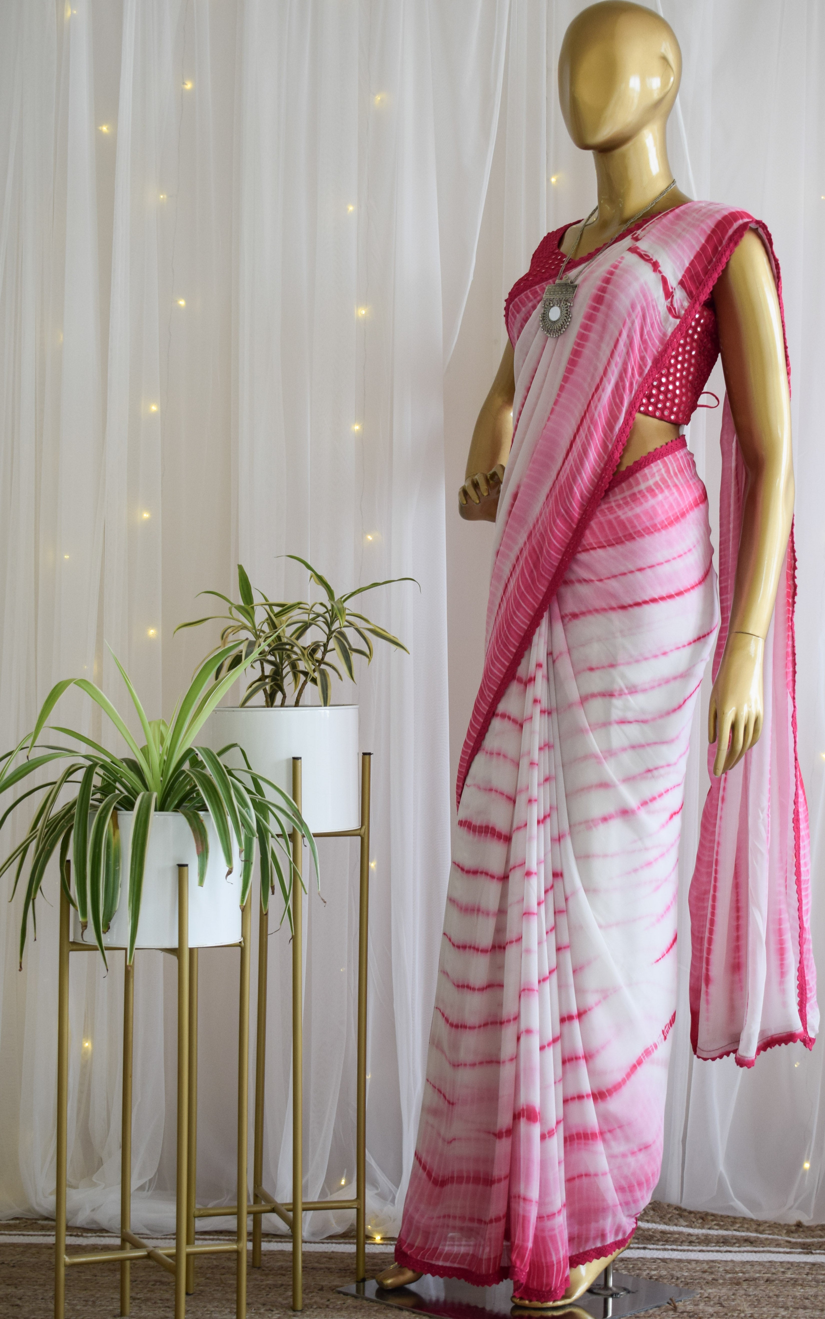 Hot Pink Shibori Saree with Mirrorwork Blouse
