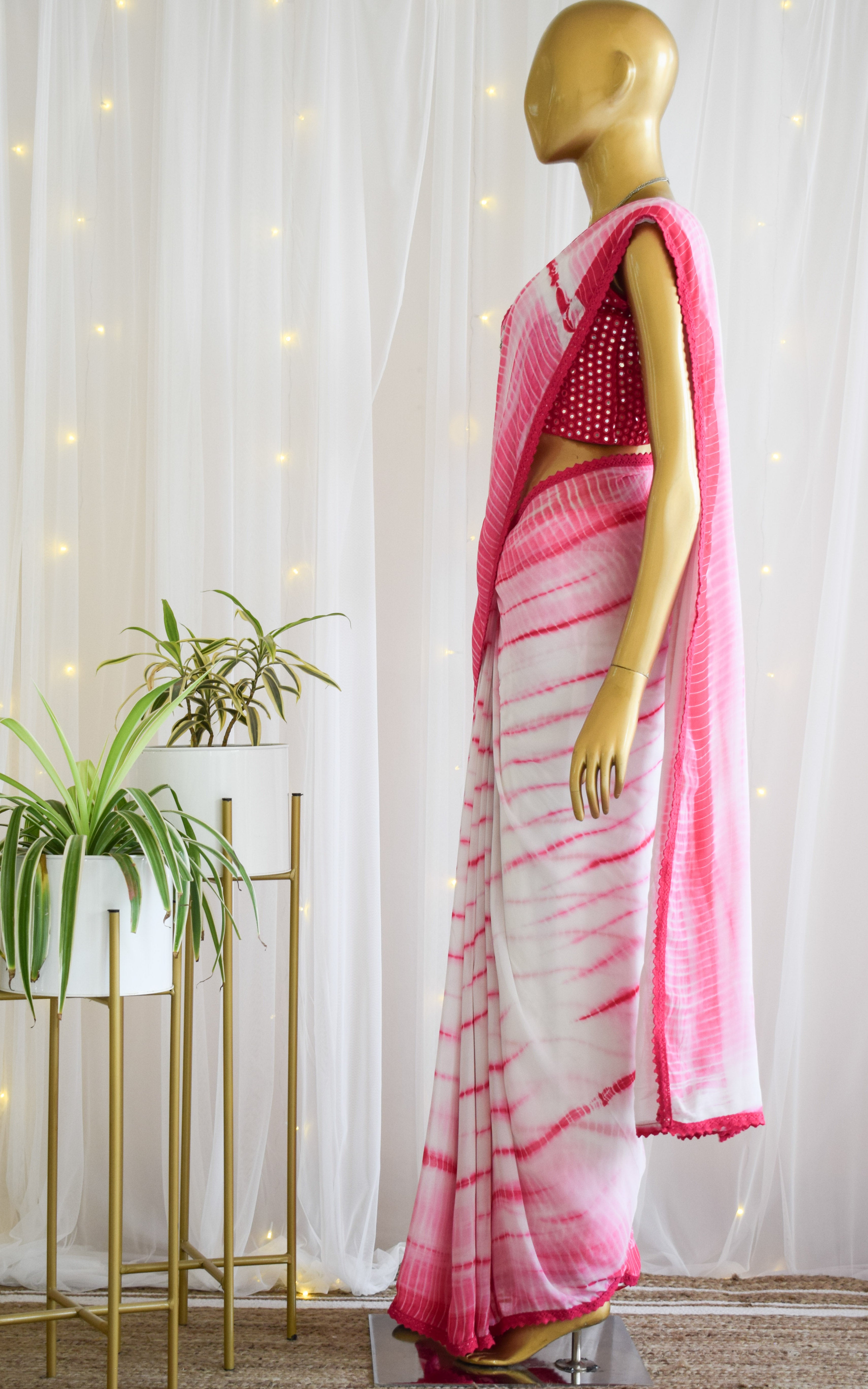 Hot Pink Shibori Saree with Mirrorwork Blouse