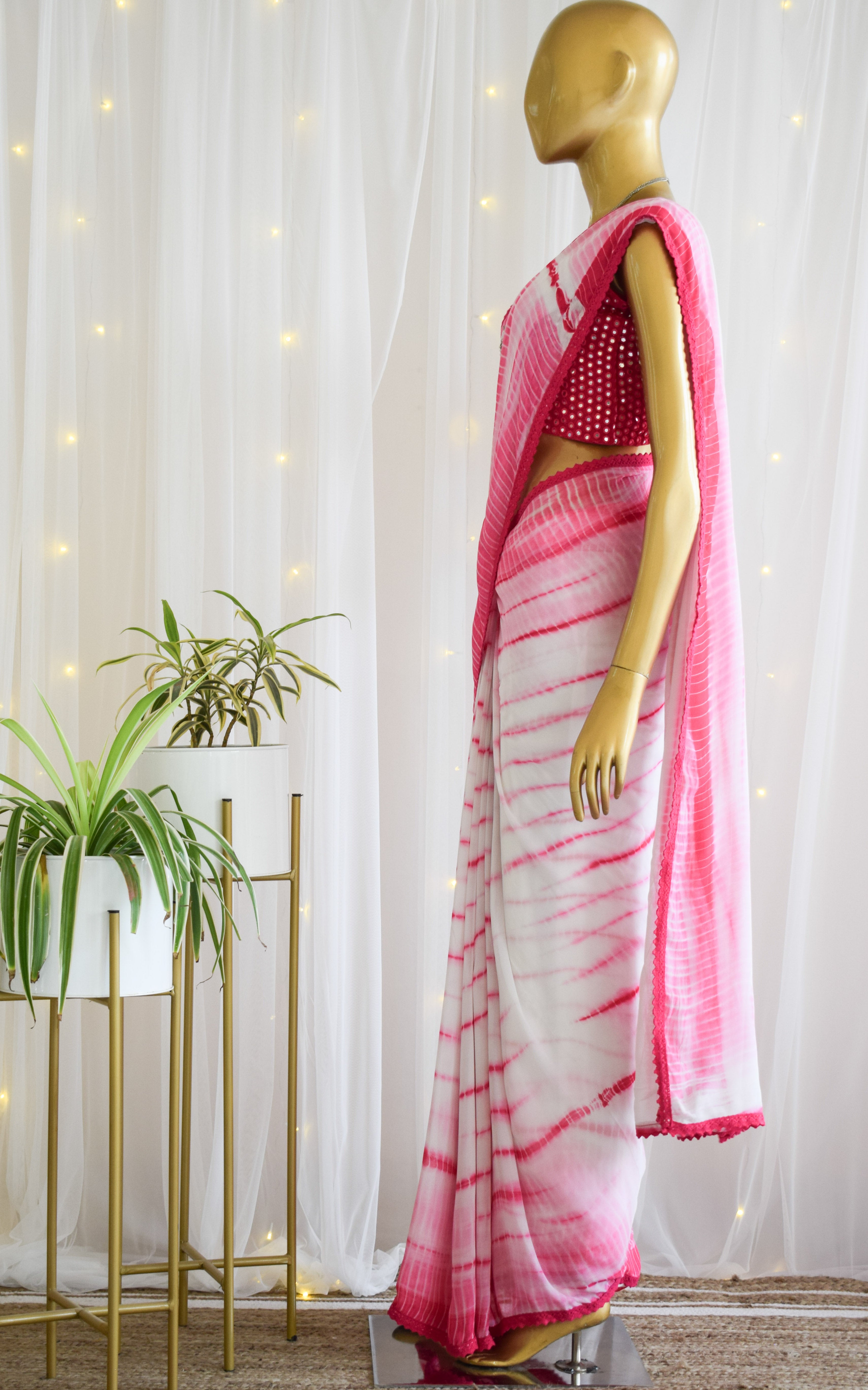 Hot Pink Shibori Saree with Mirrorwork Blouse