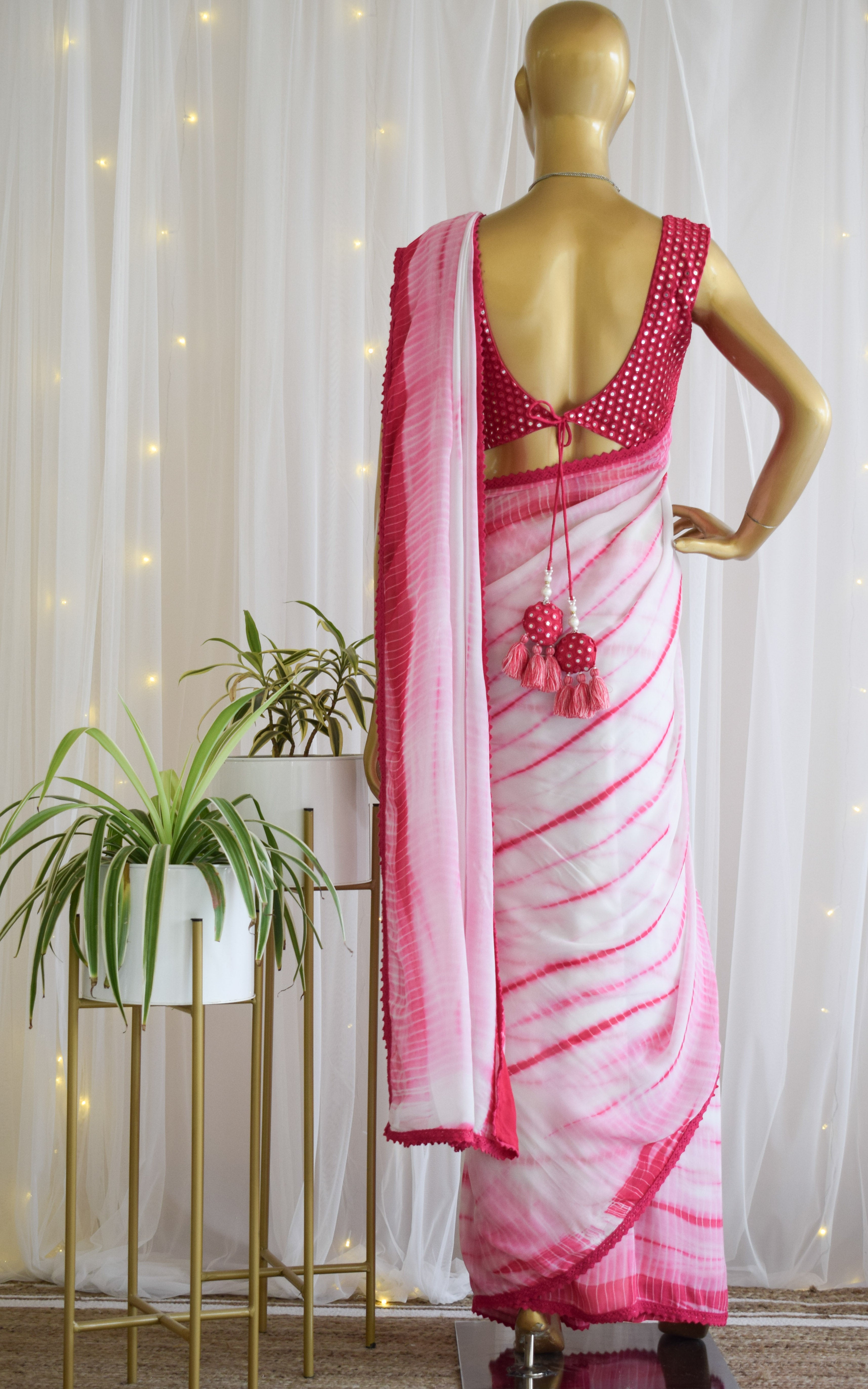 Hot Pink Shibori Saree with Mirrorwork Blouse