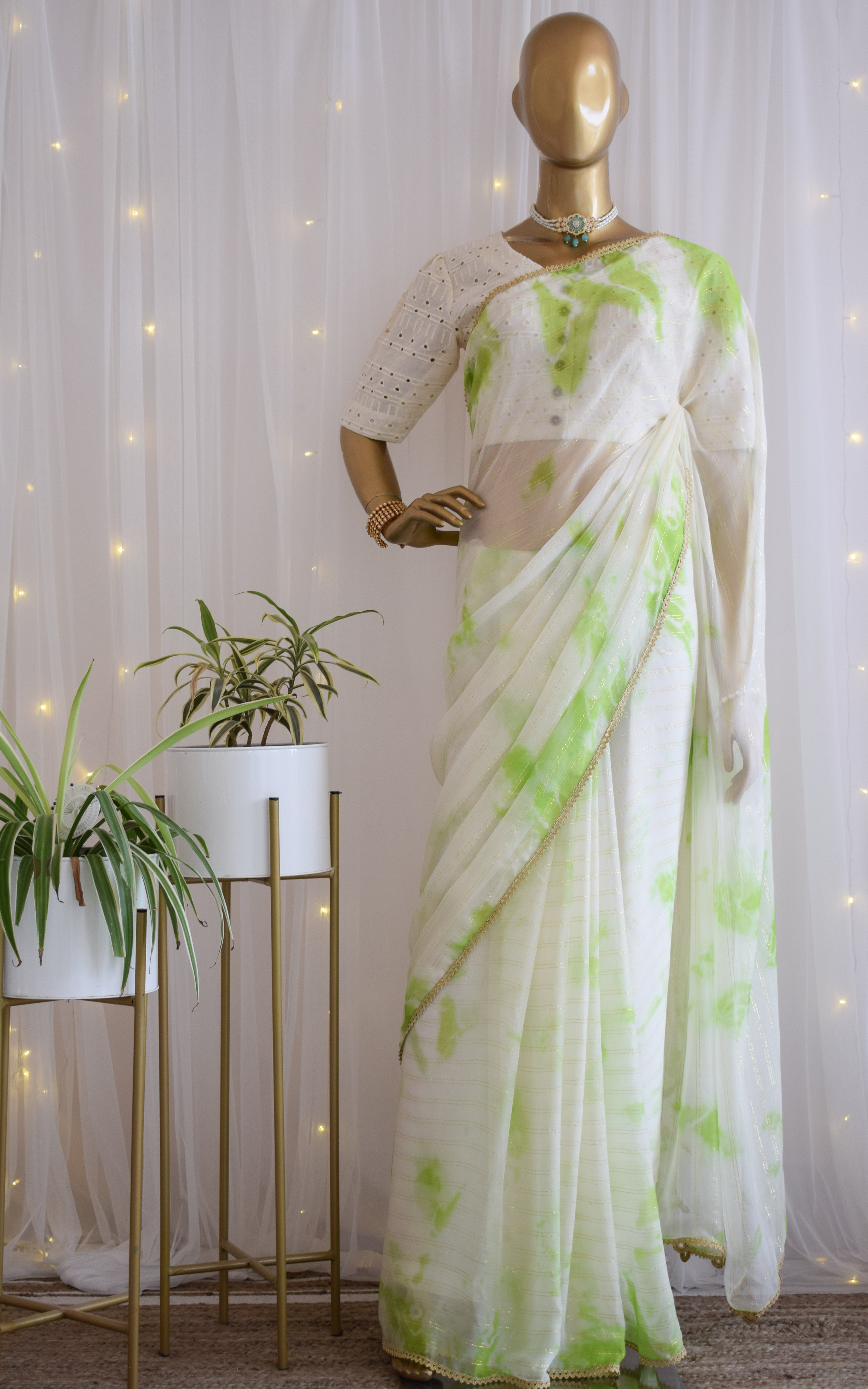 Green Shibori Chiffon Saree with Cutwork Blouse
