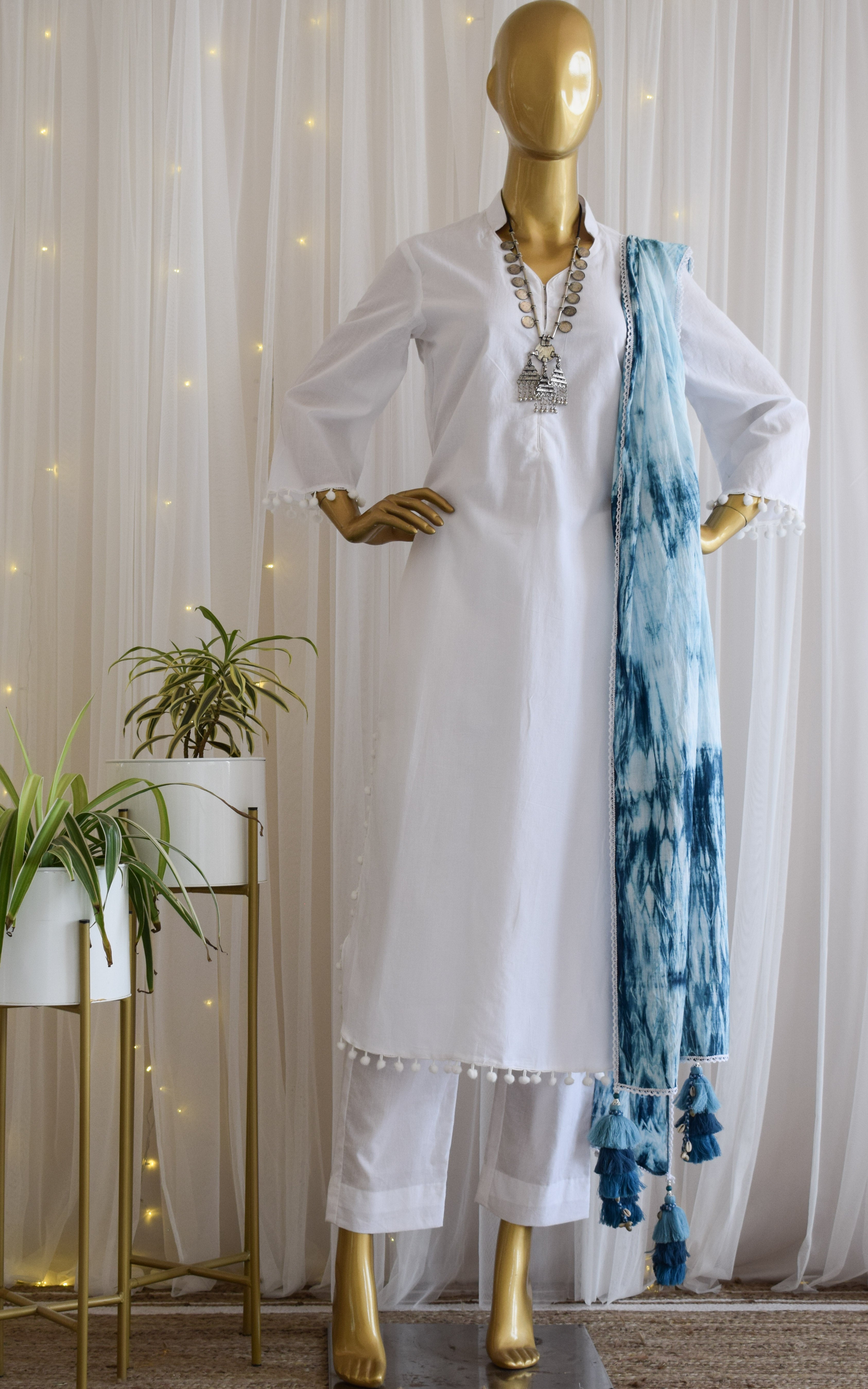 White Cotton Kurta Set with Shibori Dupatta