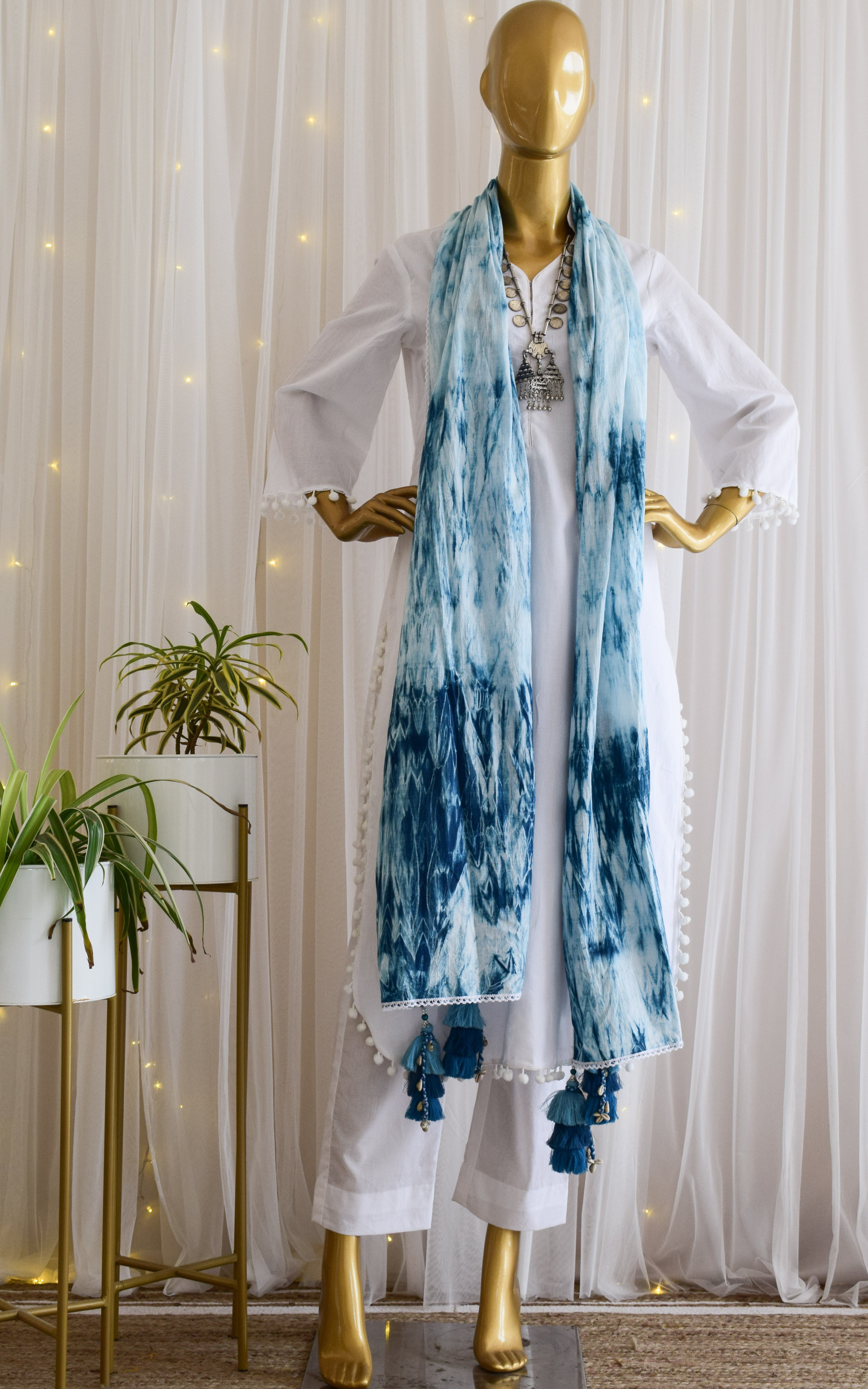 White Cotton Kurta Set with Shibori Dupatta