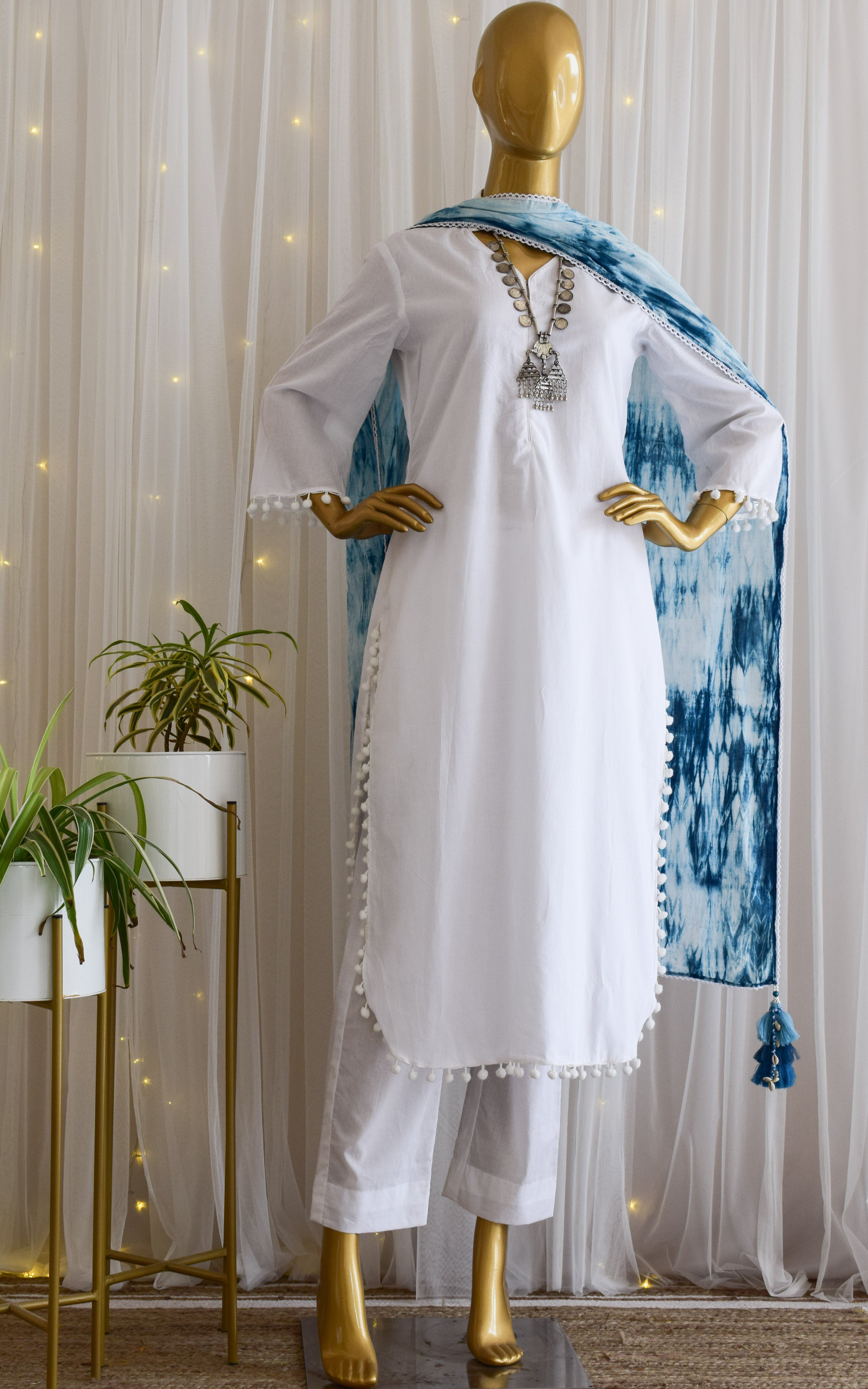White Cotton Kurta Set with Shibori Dupatta
