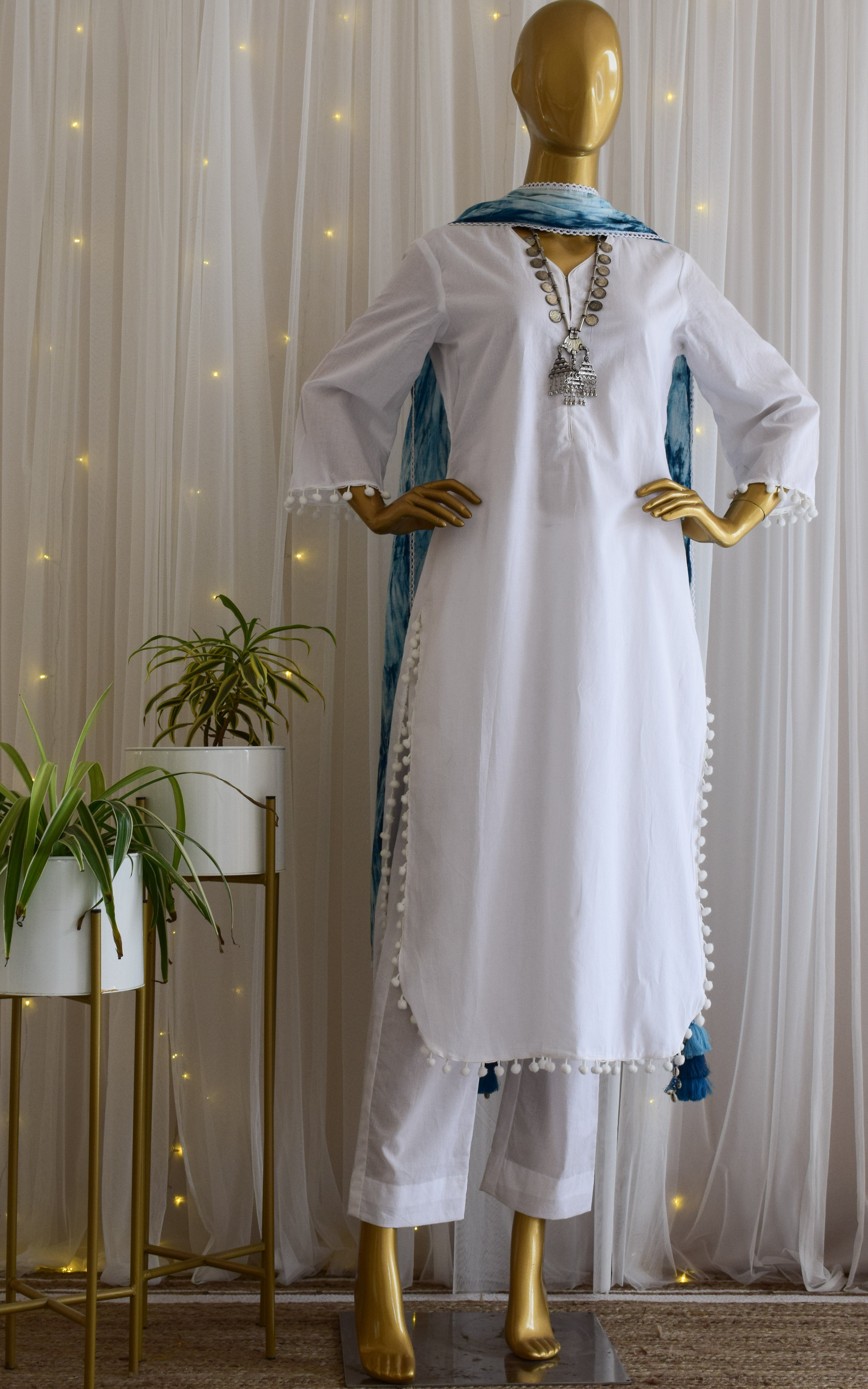 White Cotton Kurta Set with Shibori Dupatta