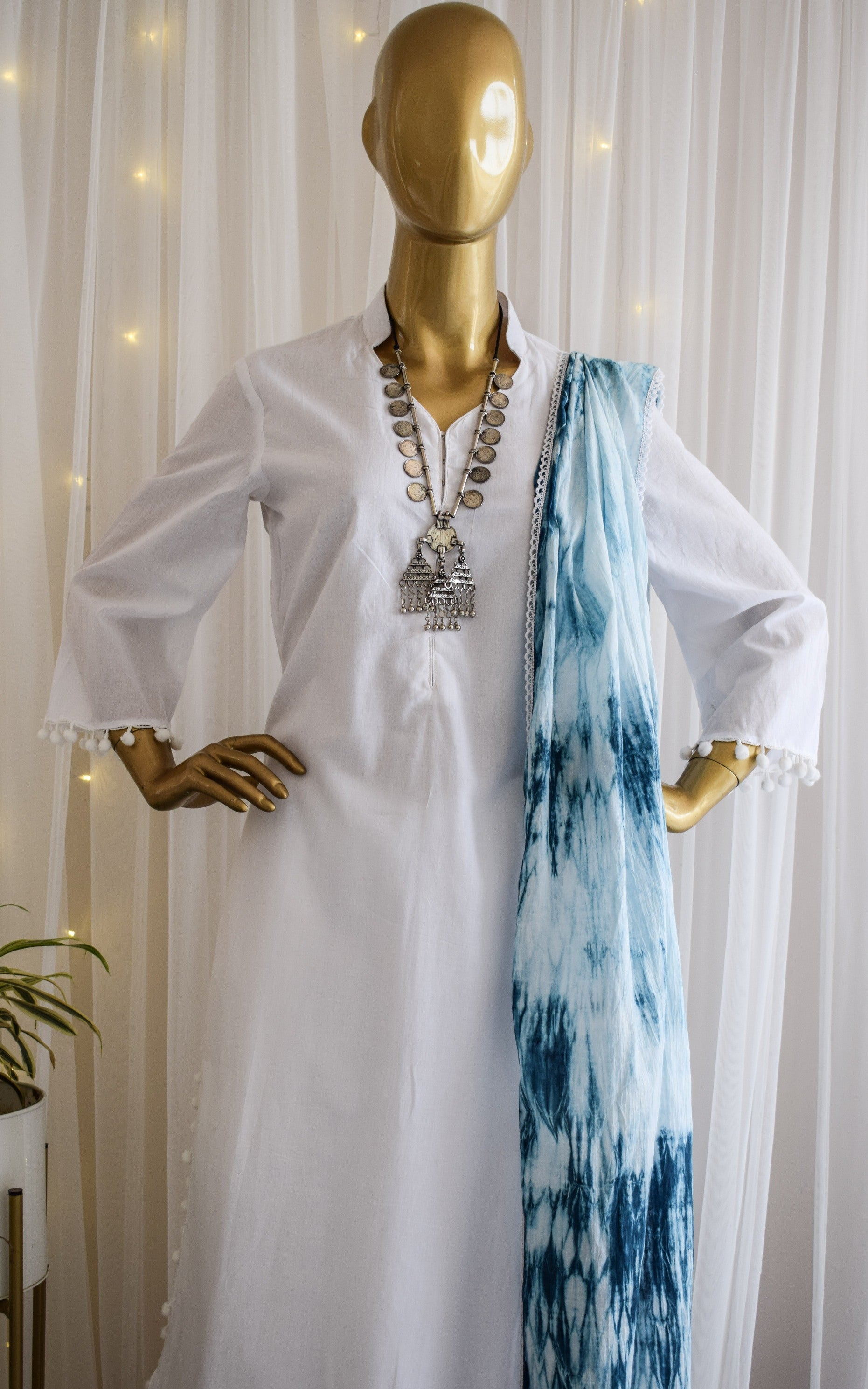 White Cotton Kurta Set with Shibori Dupatta