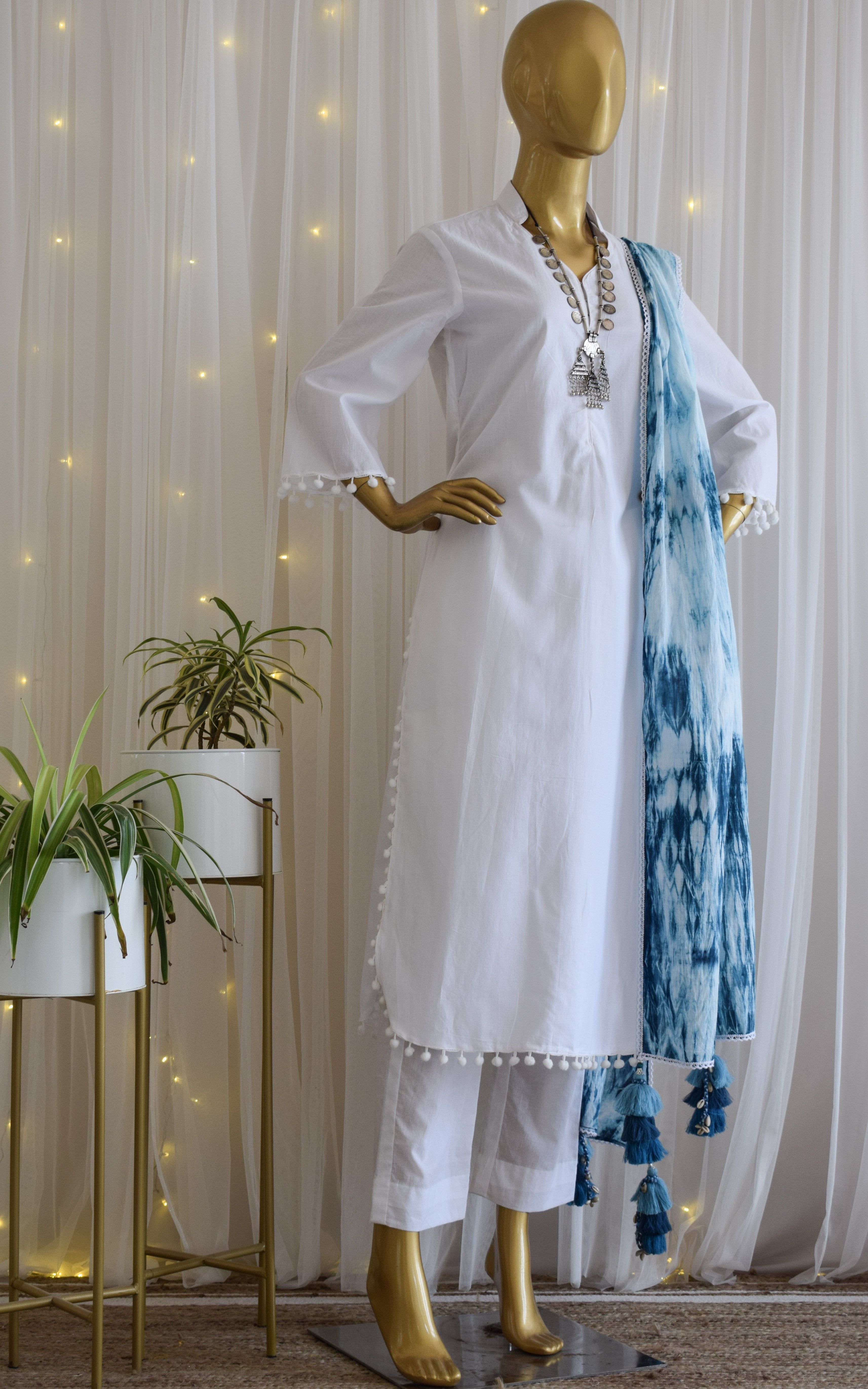 White Cotton Kurta Set with Shibori Dupatta