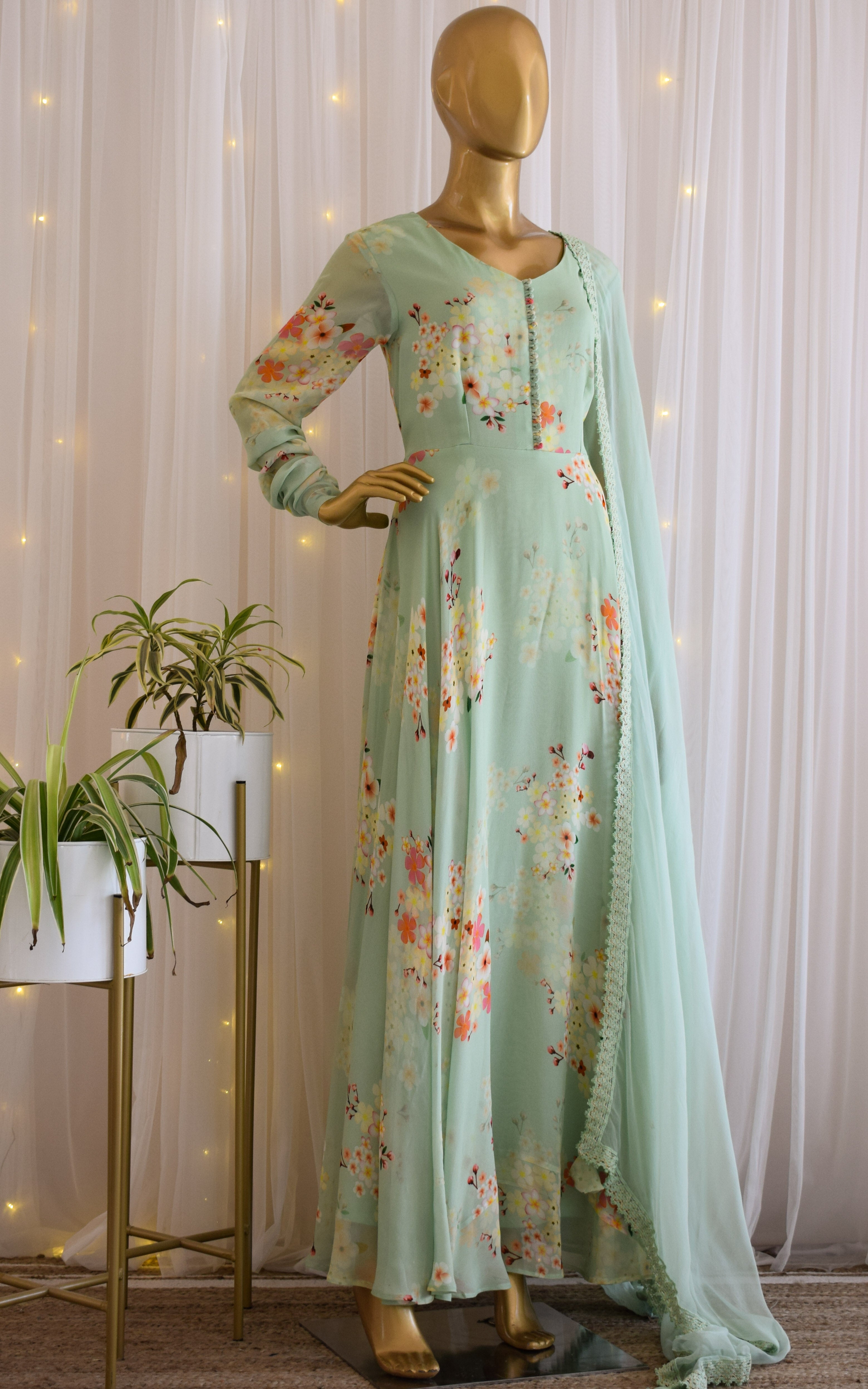Sage Green Printed Georgette Anarkali