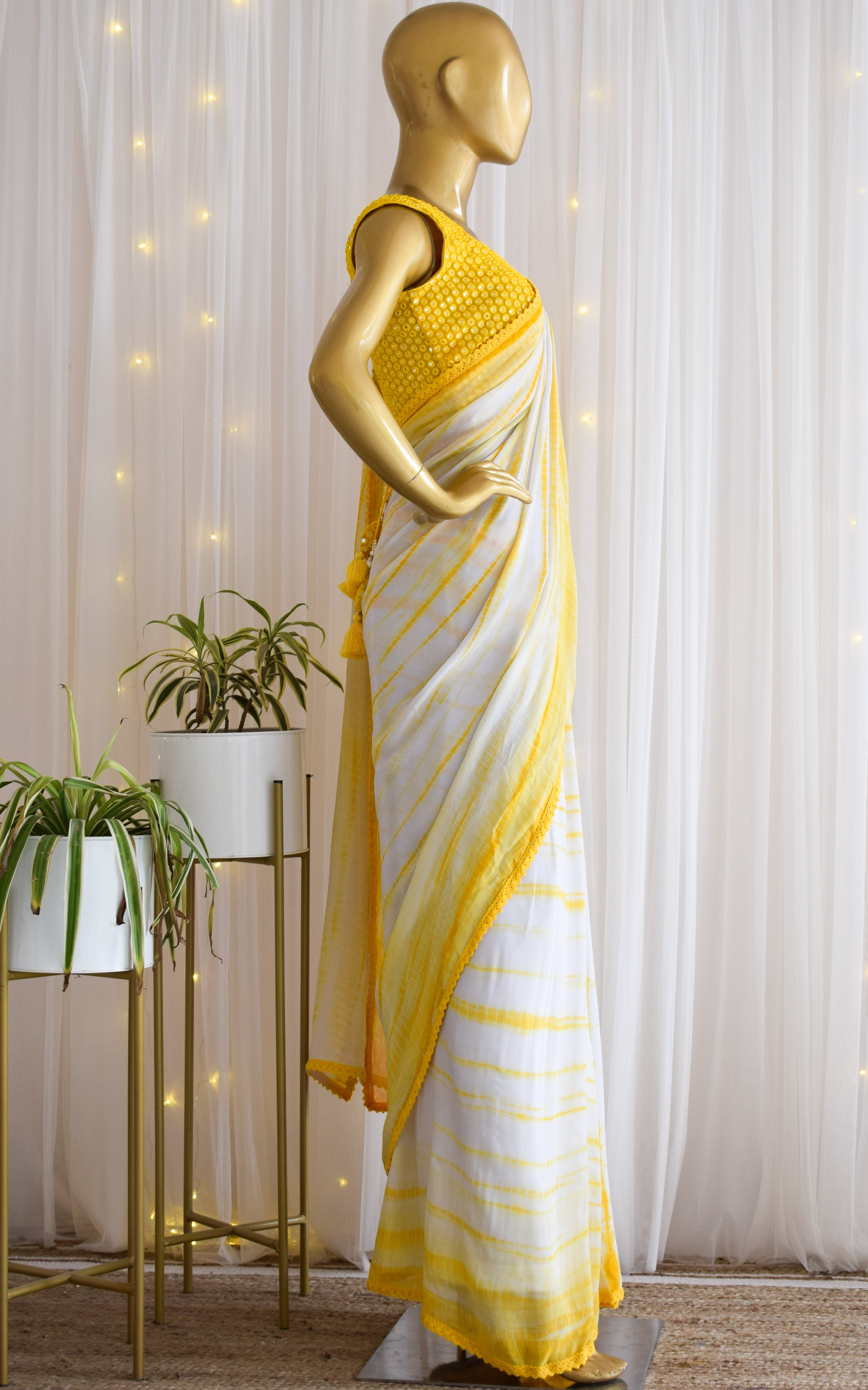 Palak Sindhwani Yellow Shibori Georgette Saree with Mirrorwork Blouse