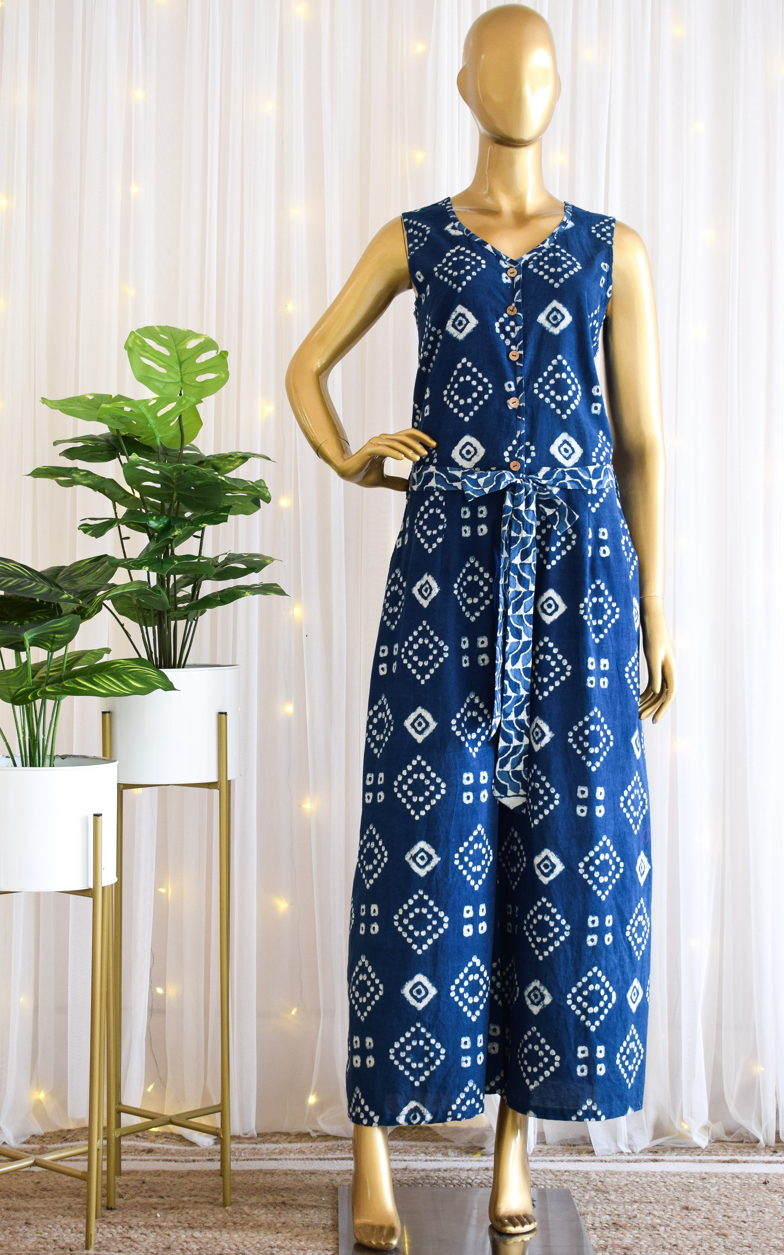 Indigo Bandhani Block Print Jumpsuit