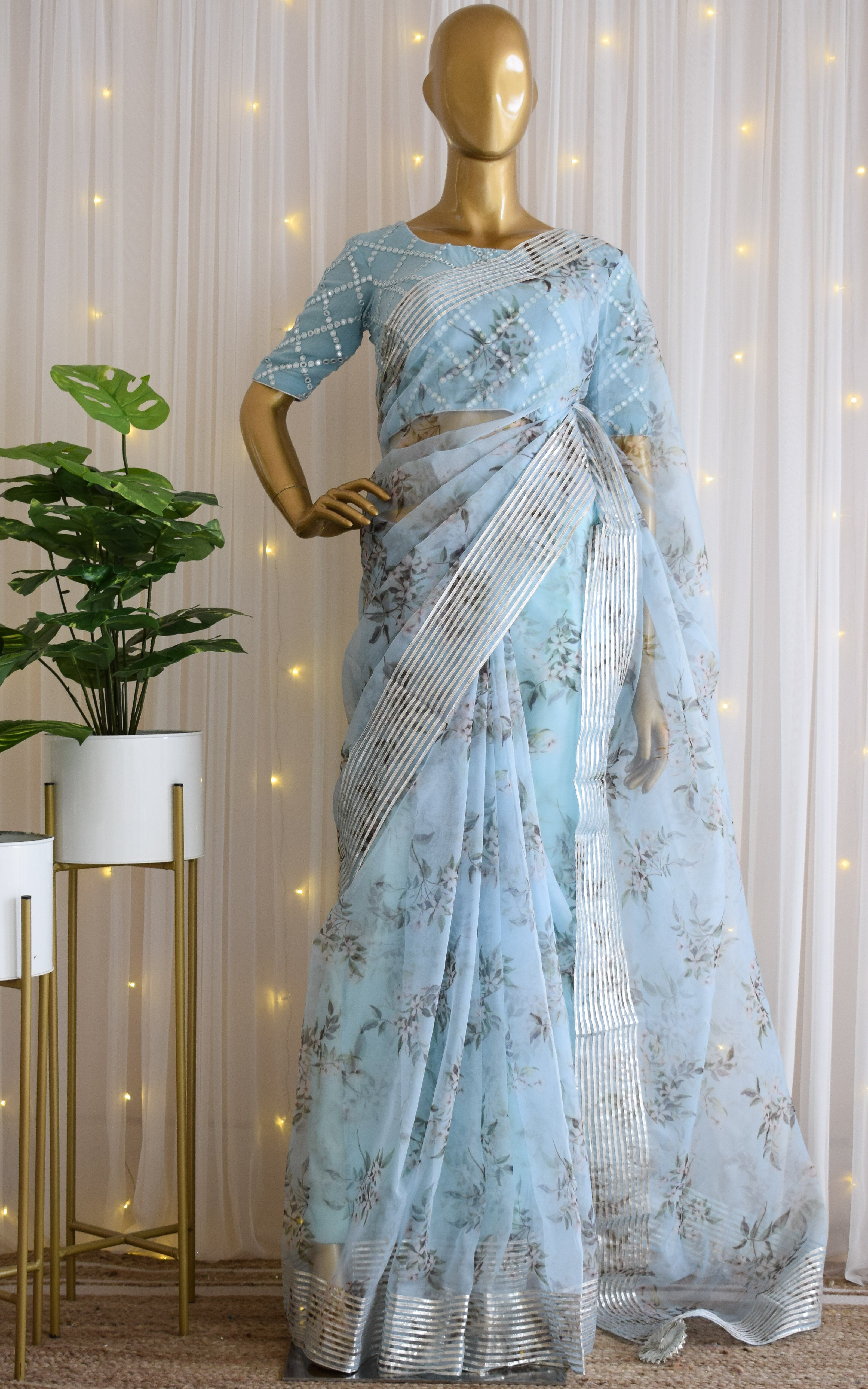 Sky Blue Floral Gota Work Organza Saree with Mirrorwork Blouse