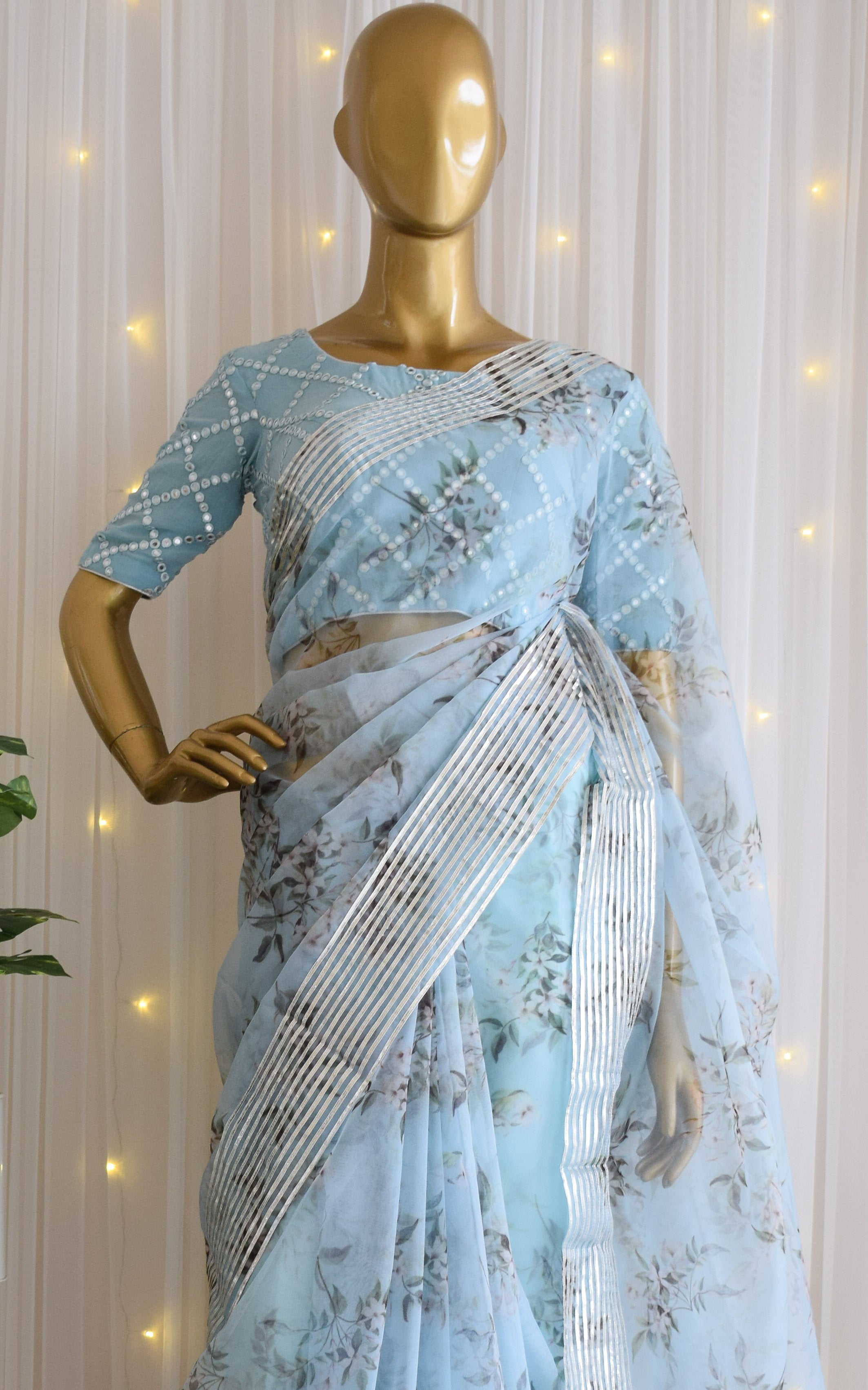 Sky Blue Floral Gota Work Organza Saree with Mirrorwork Blouse