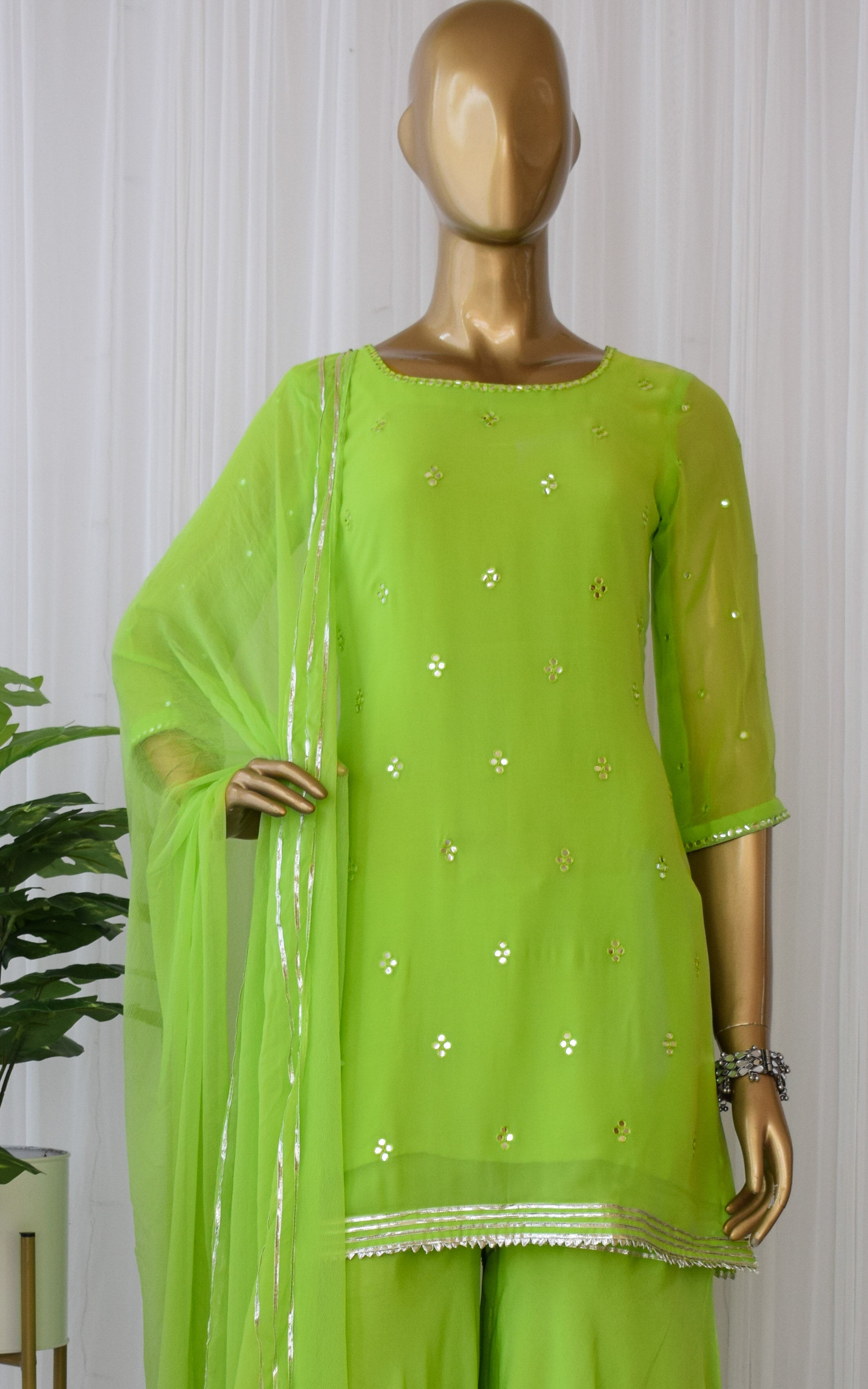 Parrot Green Mirrorwork Sharara Set