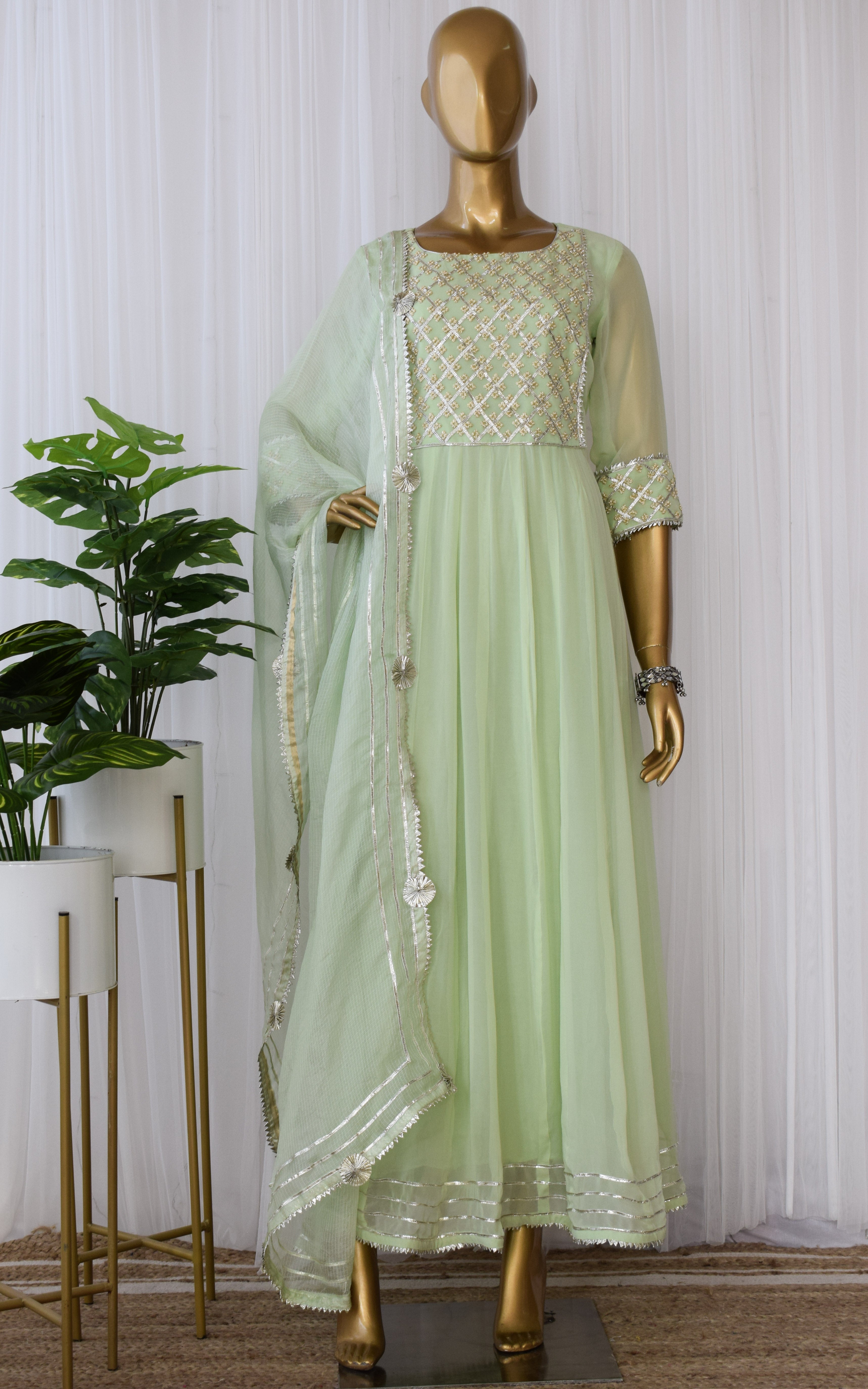 Neha Bijlani Soft Green Pearl Work Anarkali