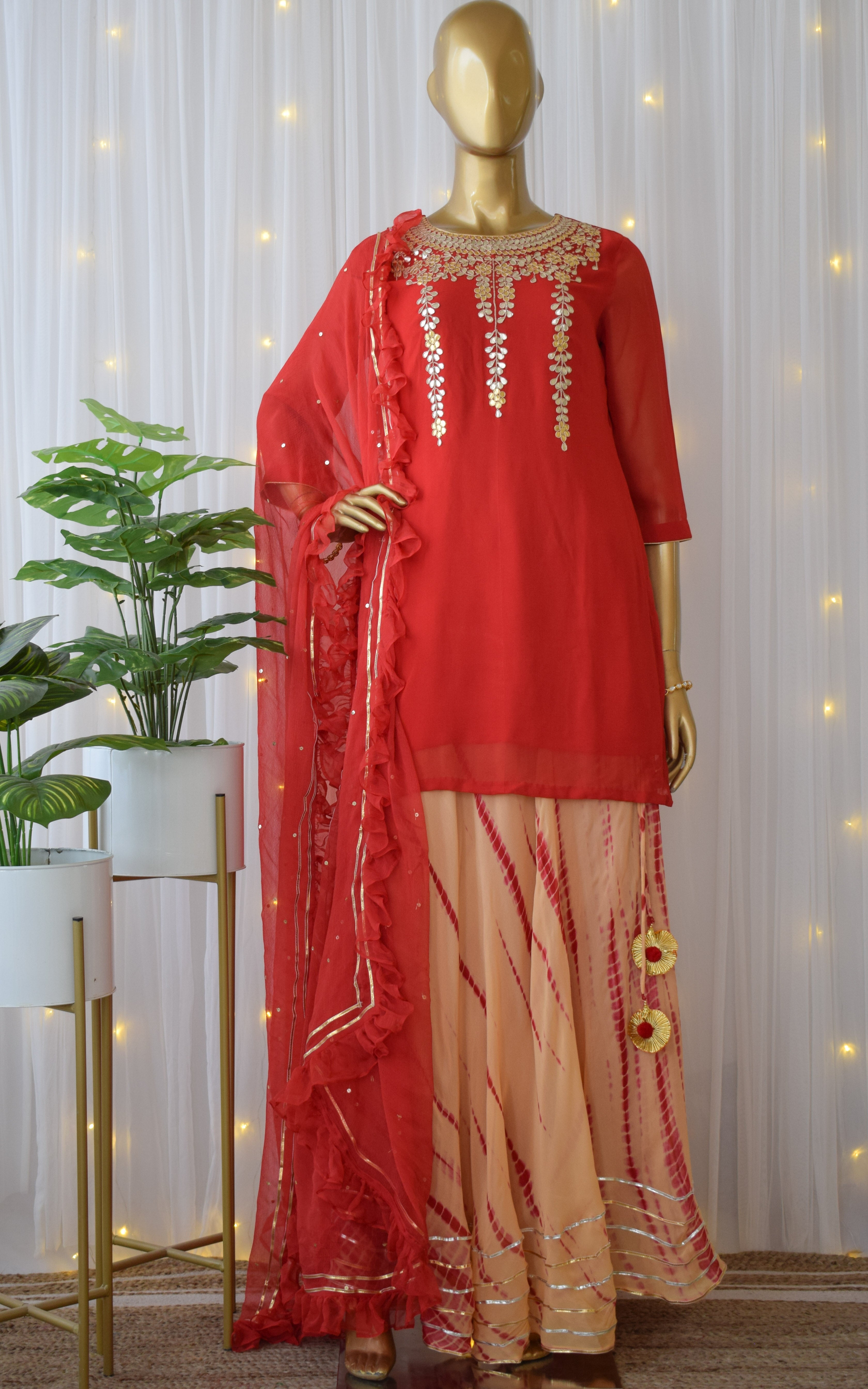 Mahi vij Red Gota Patti Kurta and Shibori Skirt Set with Ruffle Chiffon Dupatta