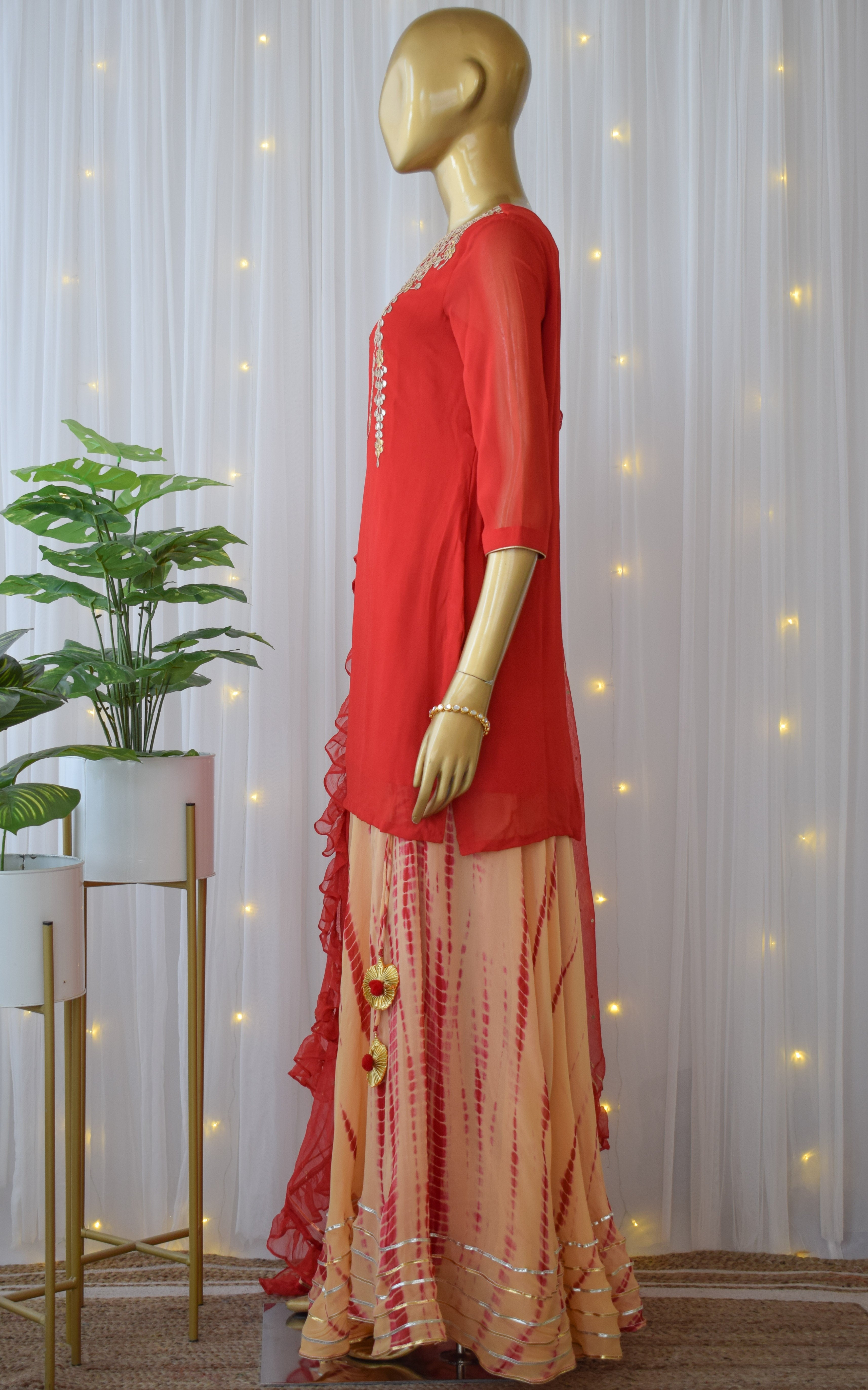 Mahi Vij Red Gota Patti Kurta and Shibori Skirt Set with Ruffle Chiffon Dupatta