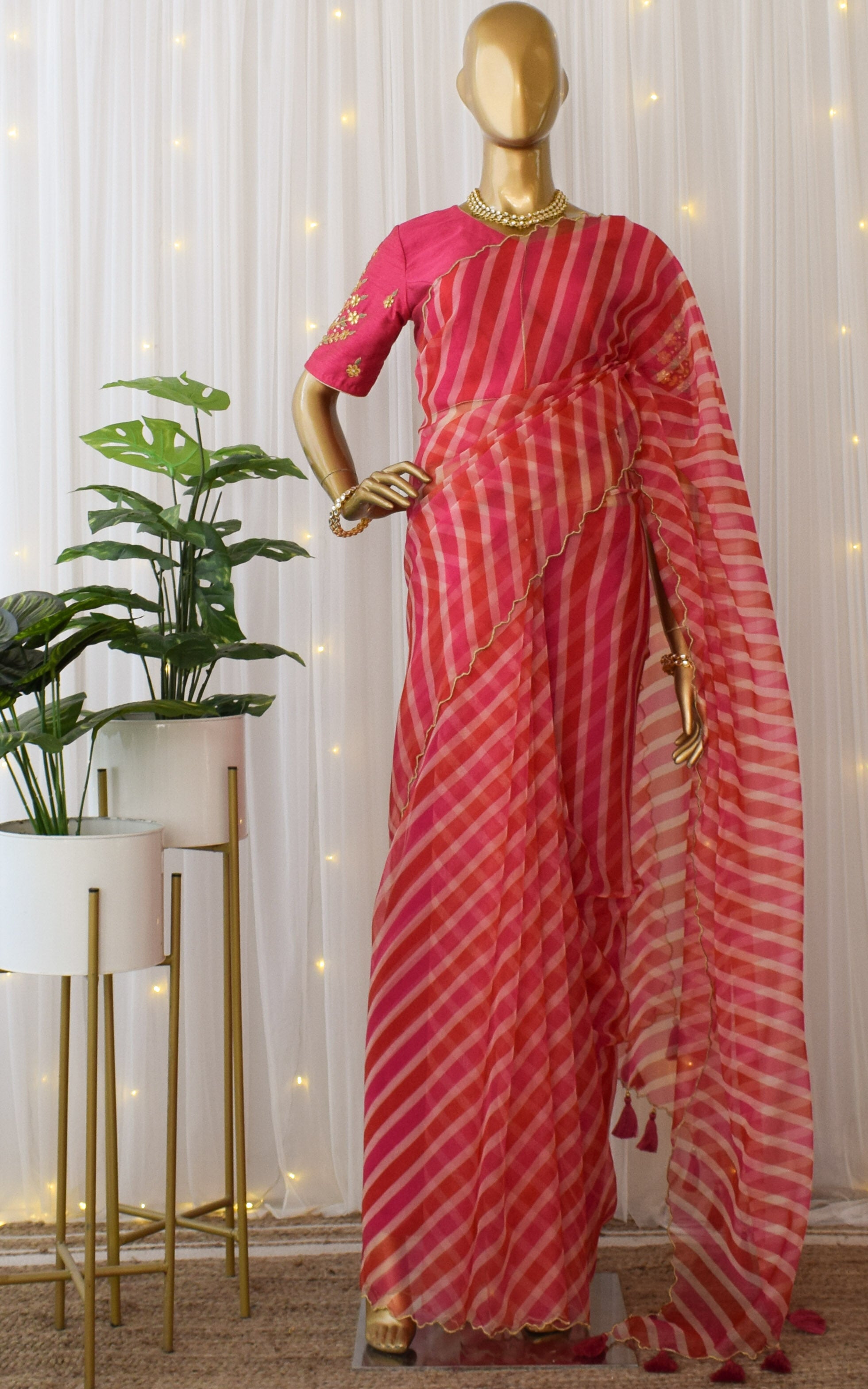Red Pink Leheriya Organza Saree