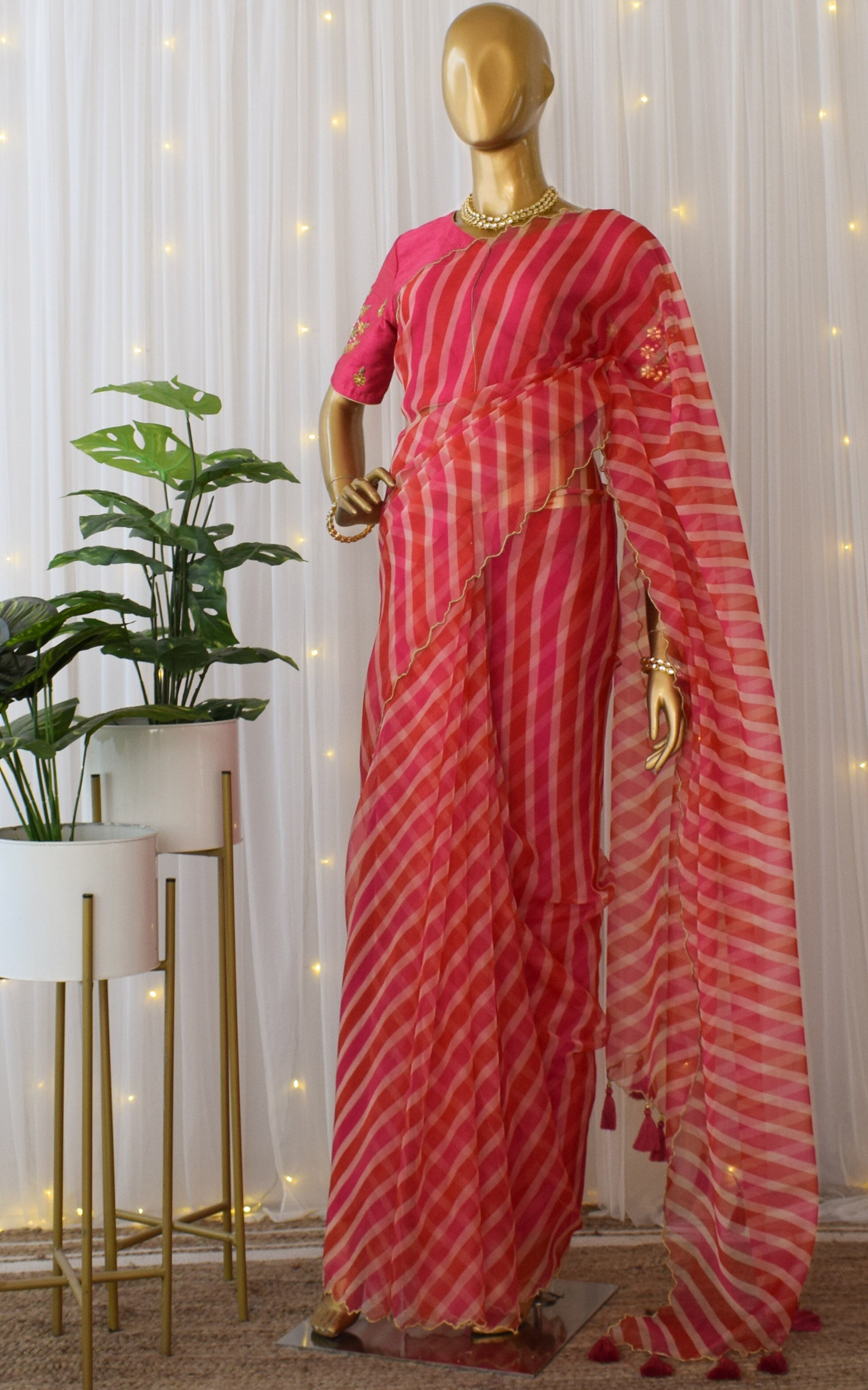 Red Pink Leheriya Organza Saree