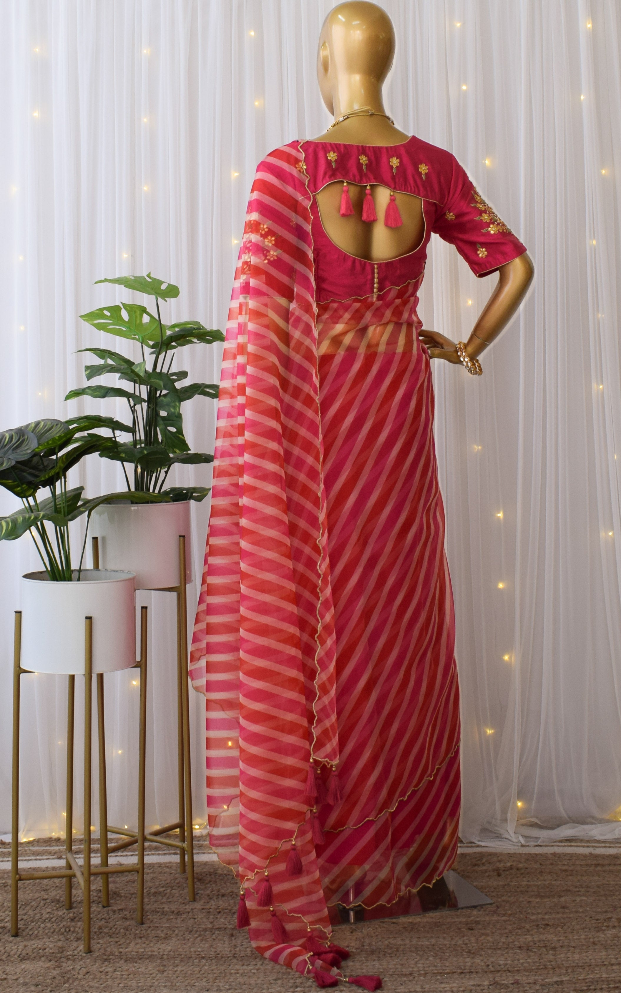 Red Pink Leheriya Organza Saree