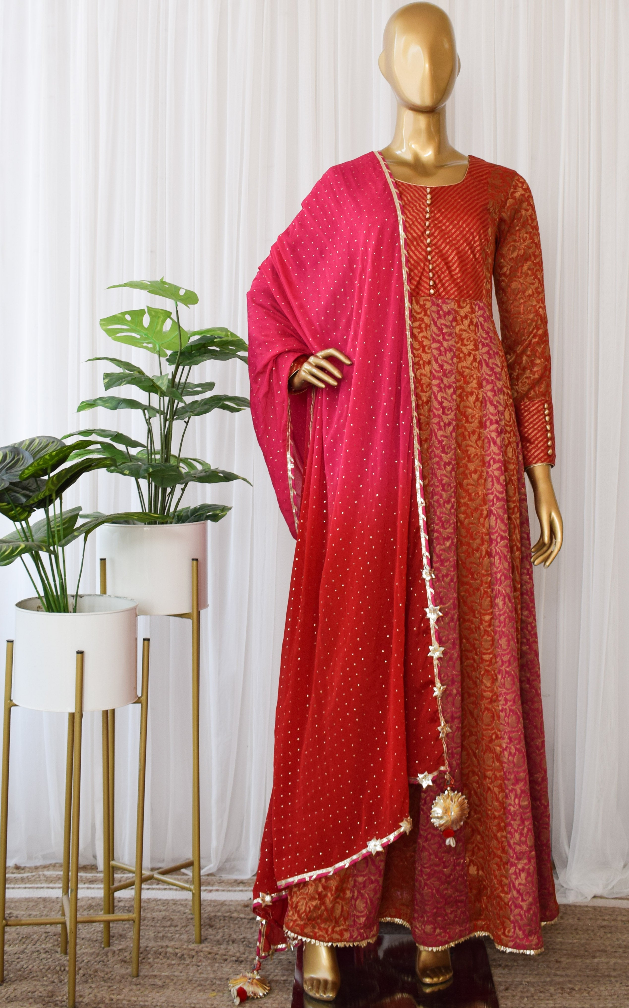 Red Pink Banarasi Anarkali Suit
