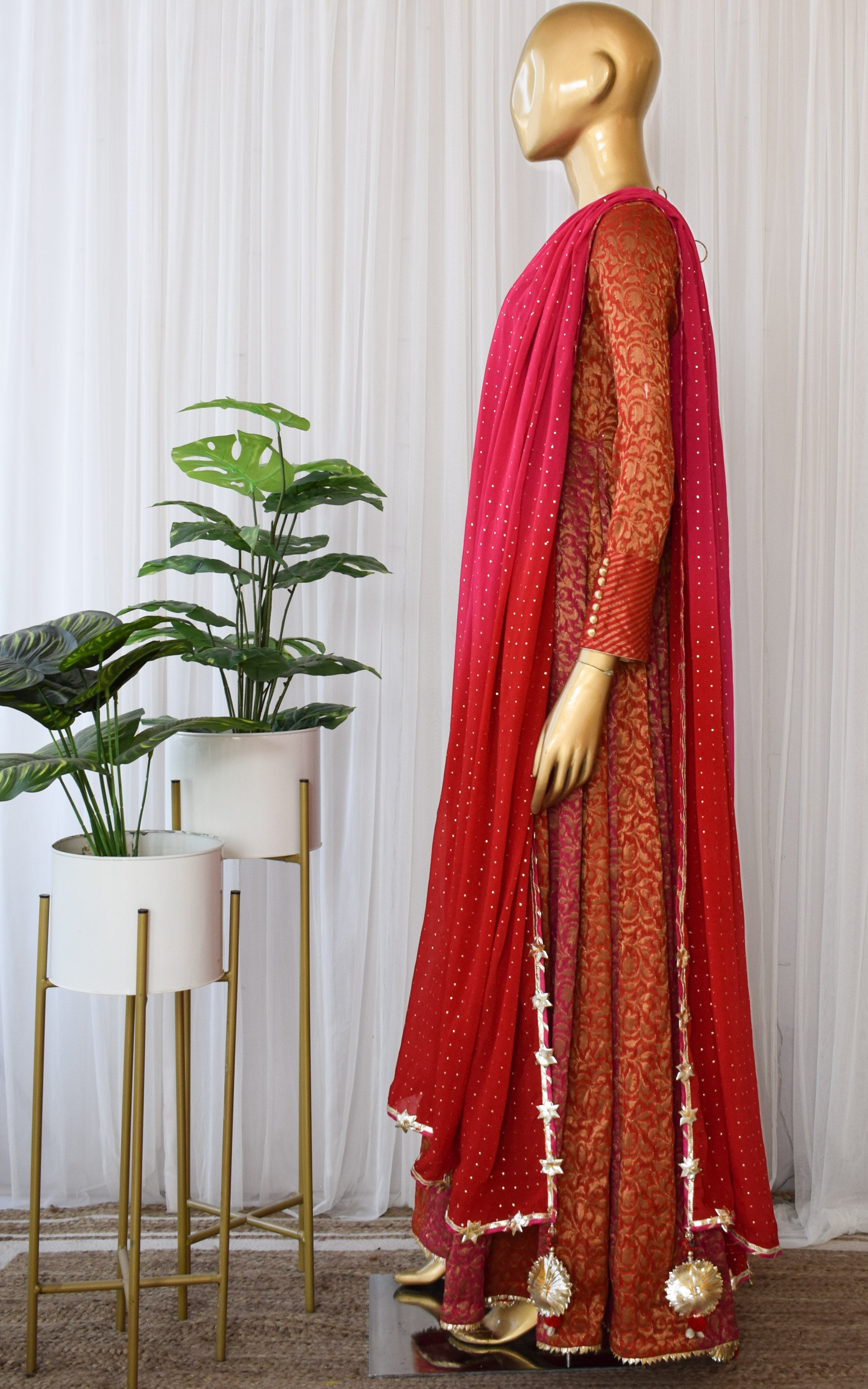 Red Pink Banarasi Anarkali Suit