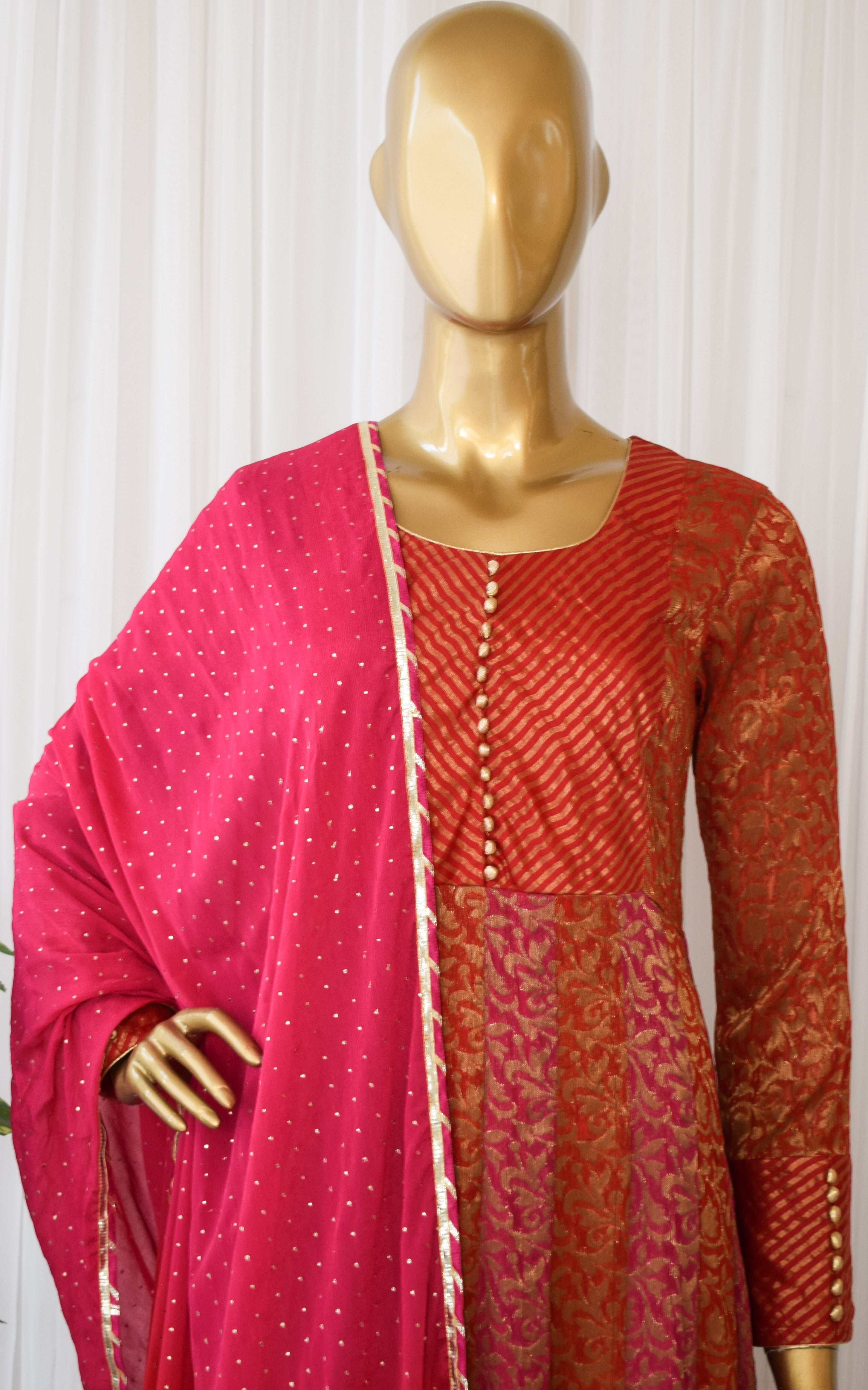 Red Pink Banarasi Anarkali Suit