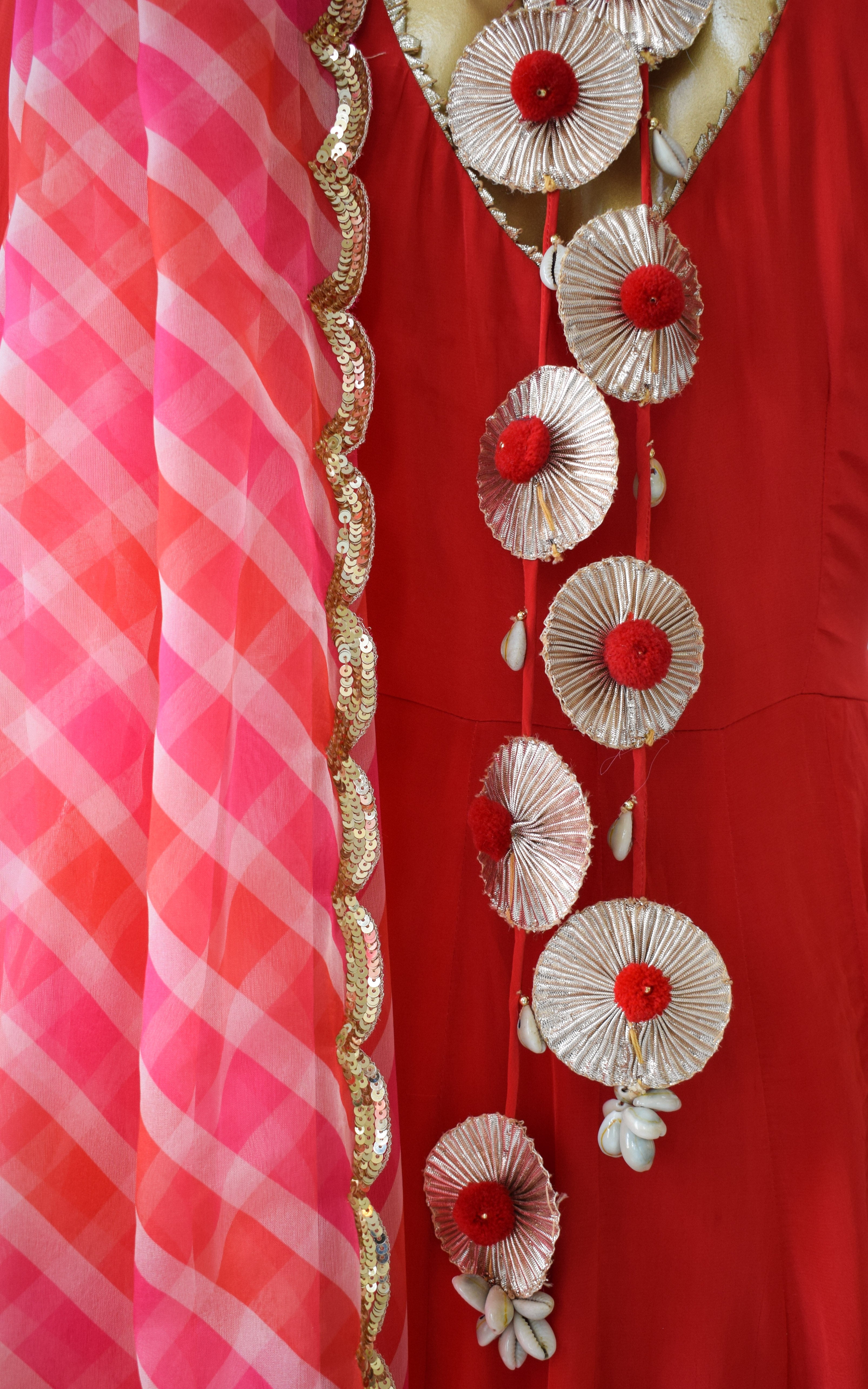 Red Crepe Kurta & Salwar Set With Leheriya Dupatta