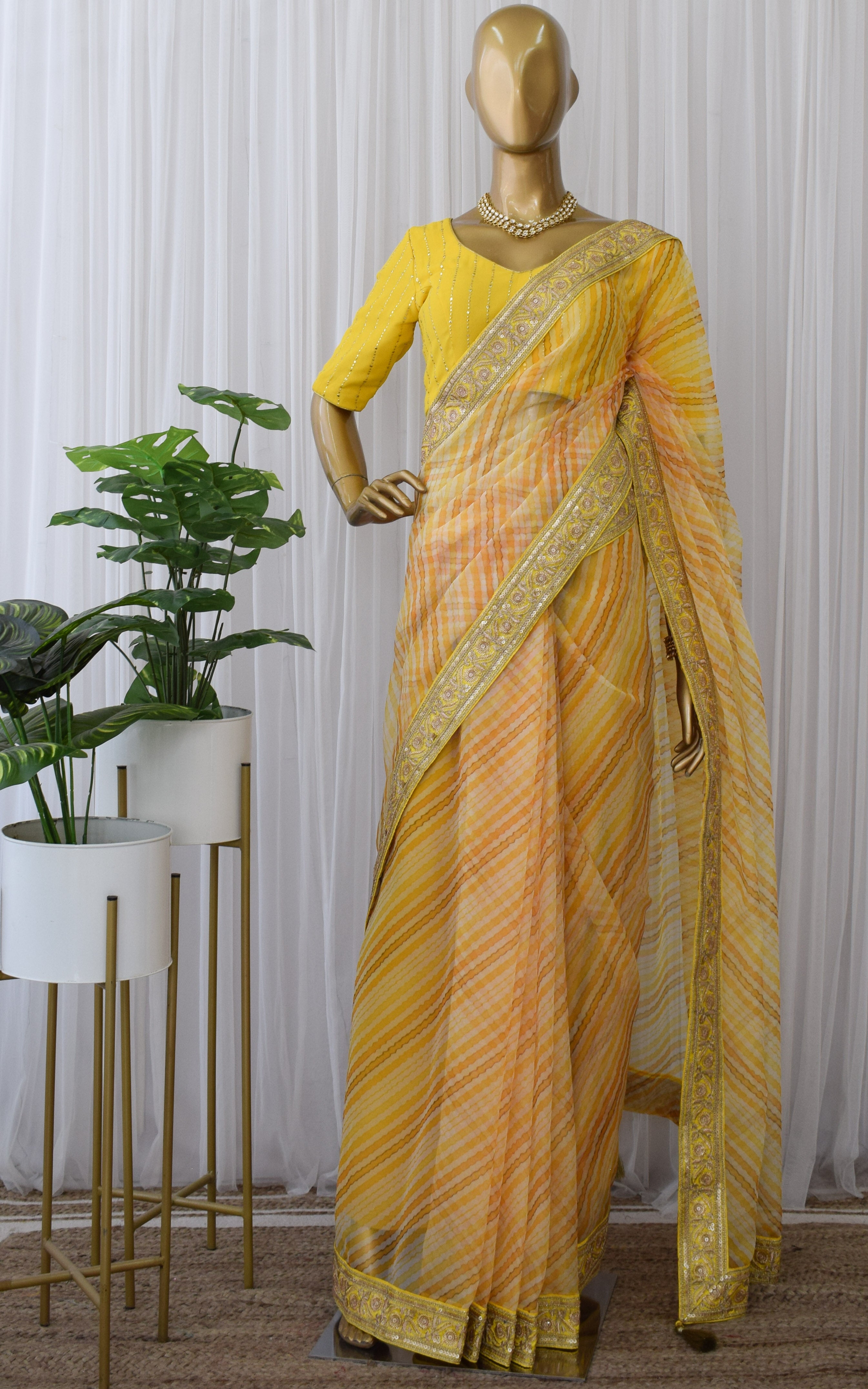 Yellow Organza Leheriya Saree