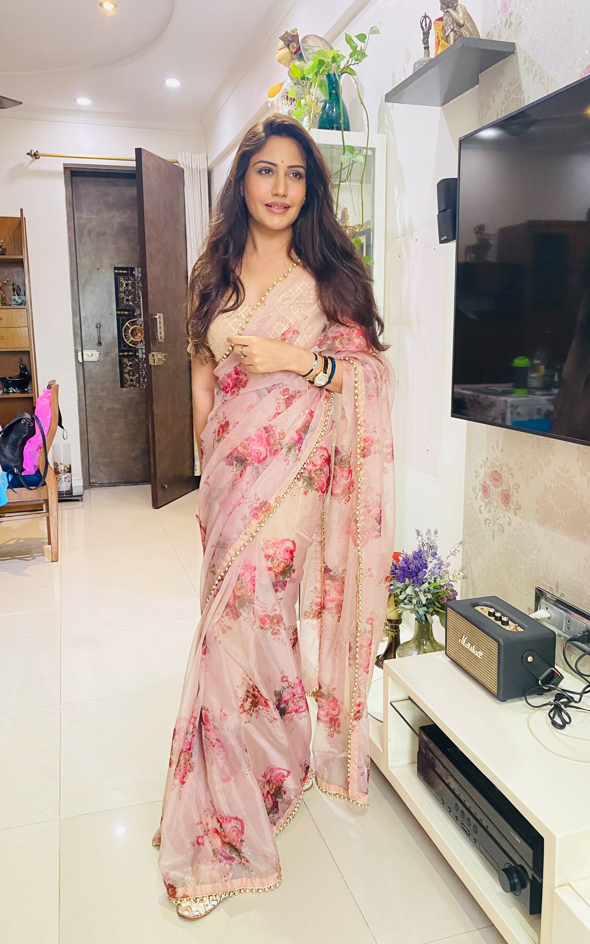 Surbhi Chandna Dusty Pink Floral Organza Saree