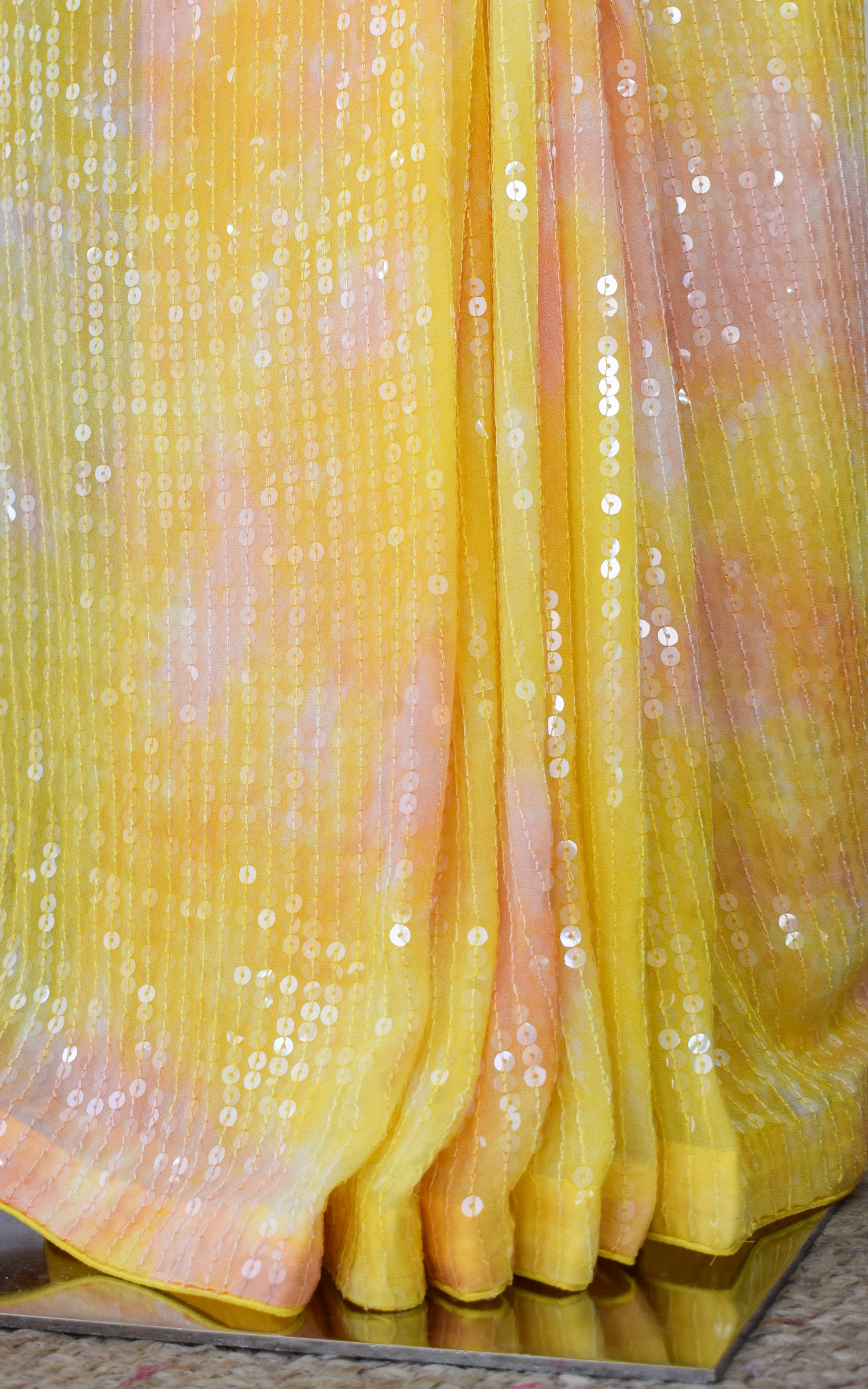 Yellow Pink Shibori Sequins Saree
