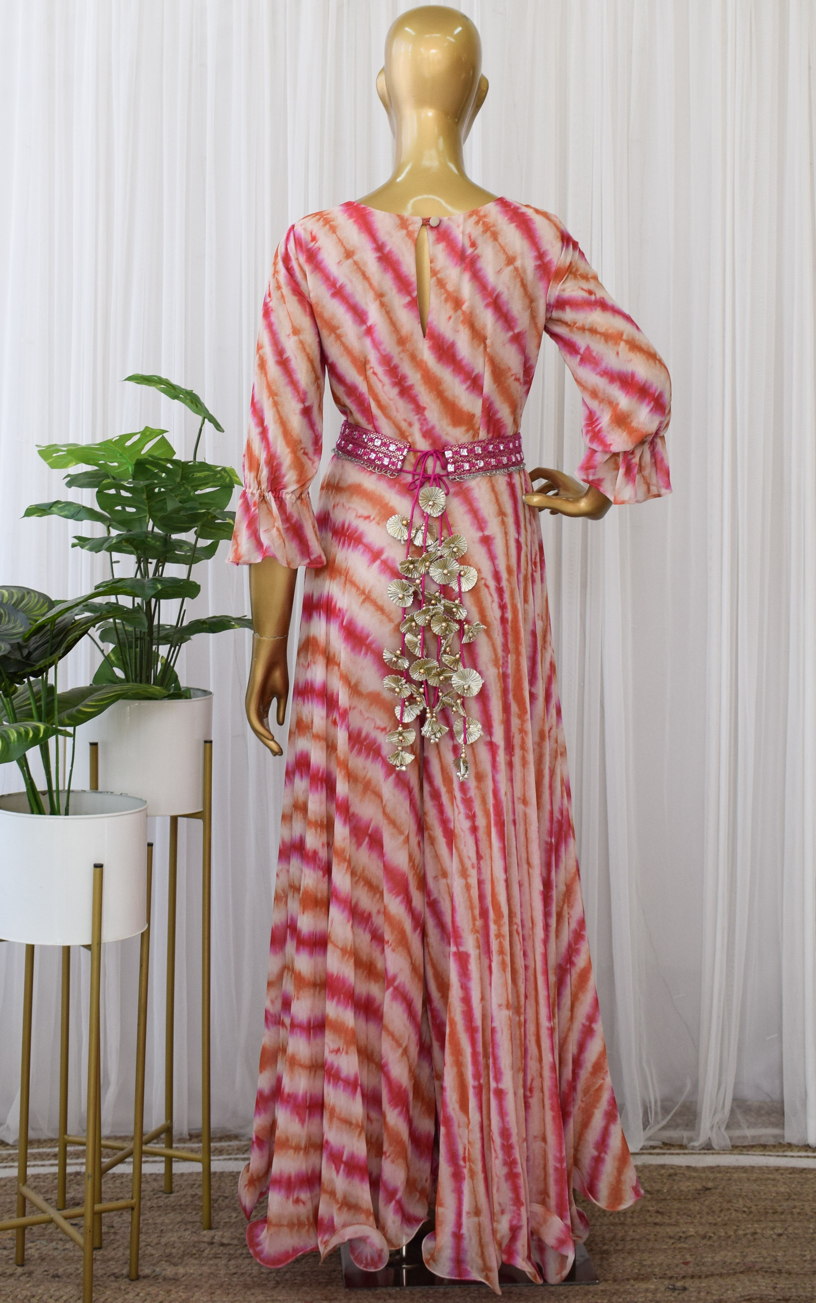 Multicolor Shibori Printed Georgette Jumpsuit With Mirrorwork Belt
