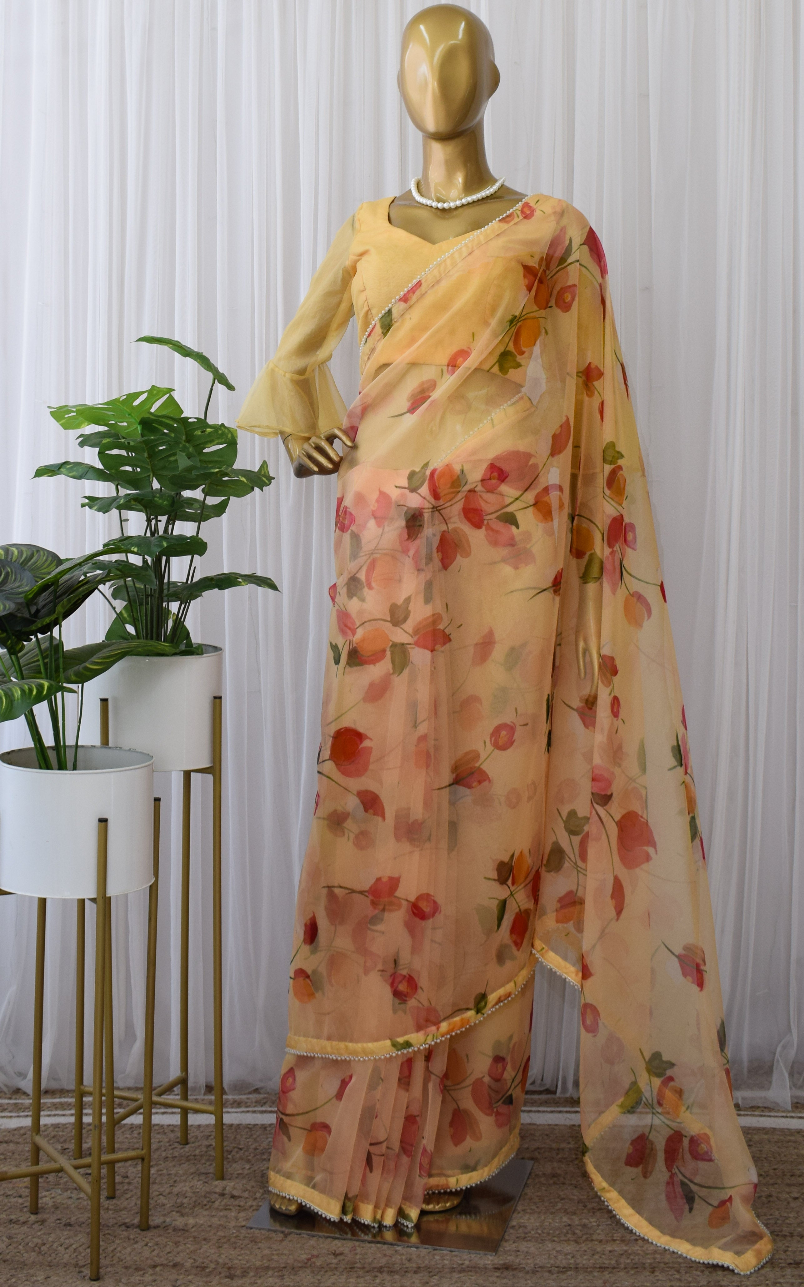 Light Yellow Floral Organza Saree