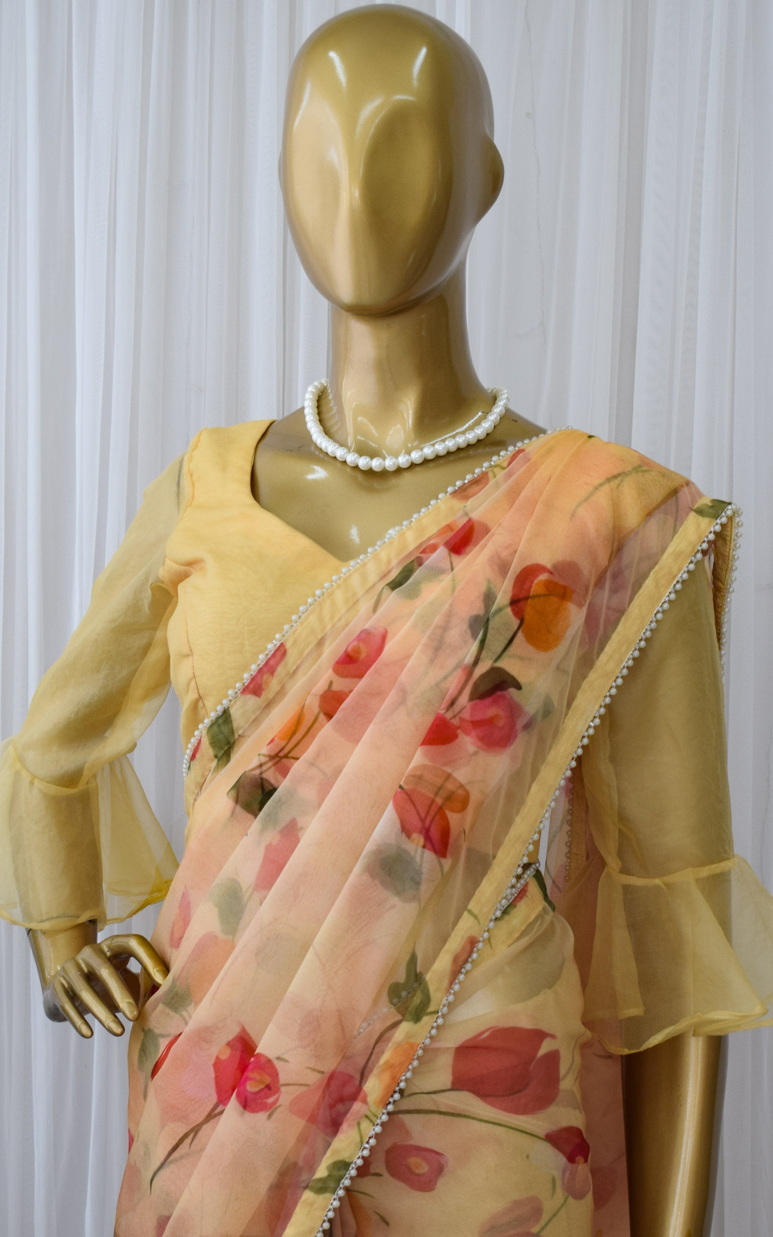 Light Yellow Floral Organza Saree