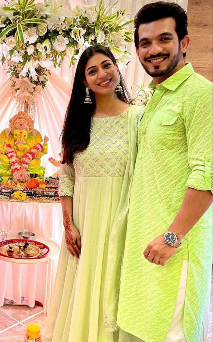 Neha Bijlani Soft Green Pearl Work Anarkali