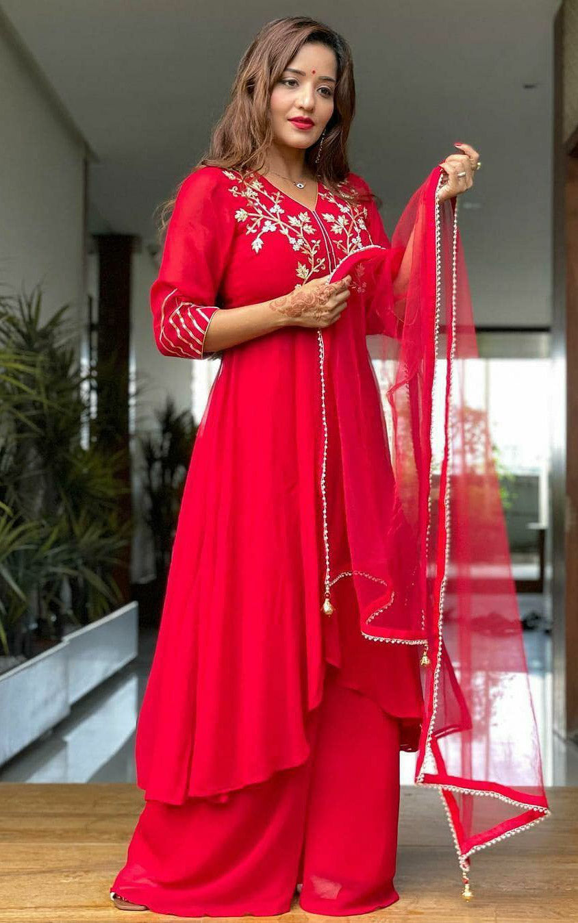 Monalisa Red Zardozi Anarkali Palazzo Set