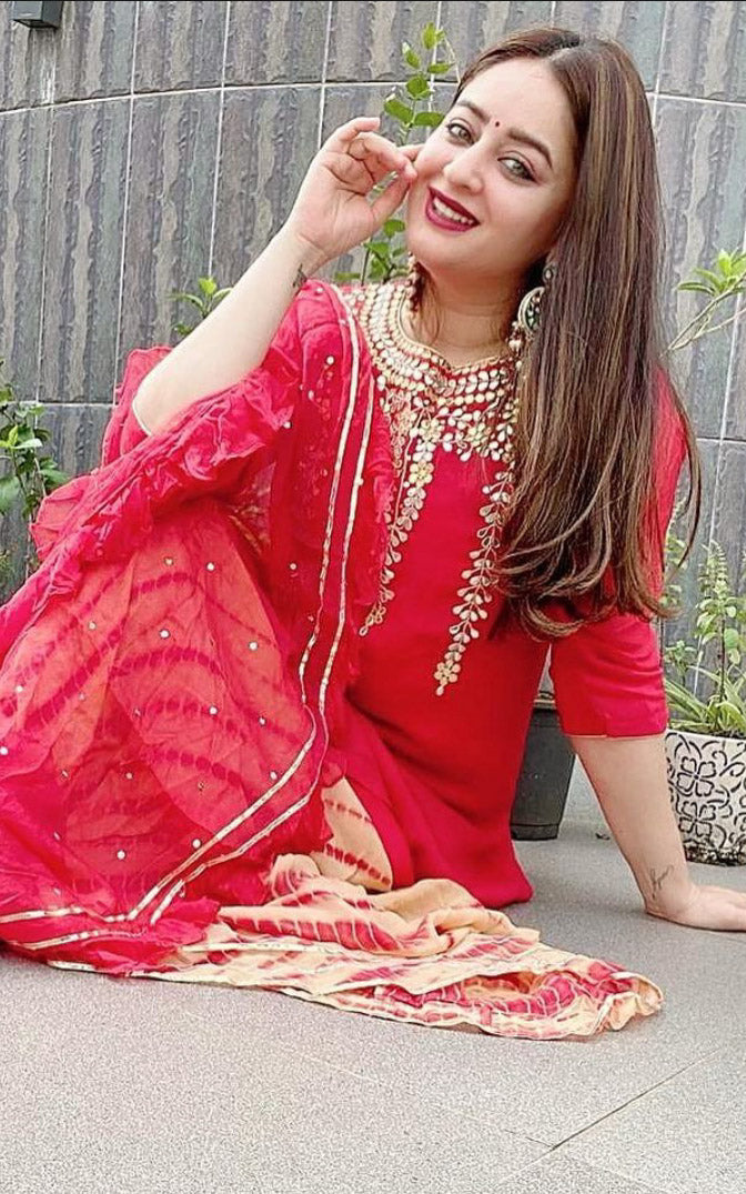 Mahi Vij Red Gota Patti Kurta and Shibori Skirt Set with Ruffle Chiffon Dupatta
