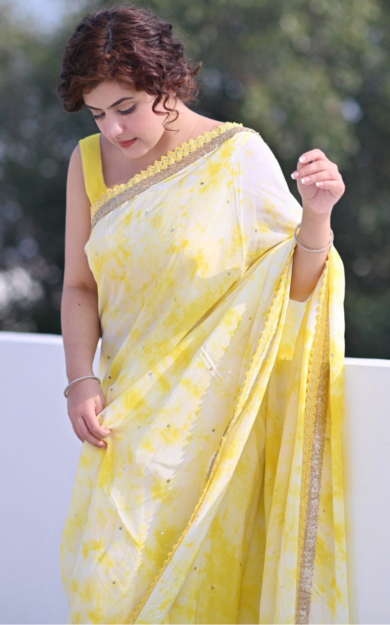 Rupali Hasija Yellow Off-White Shibori Saree