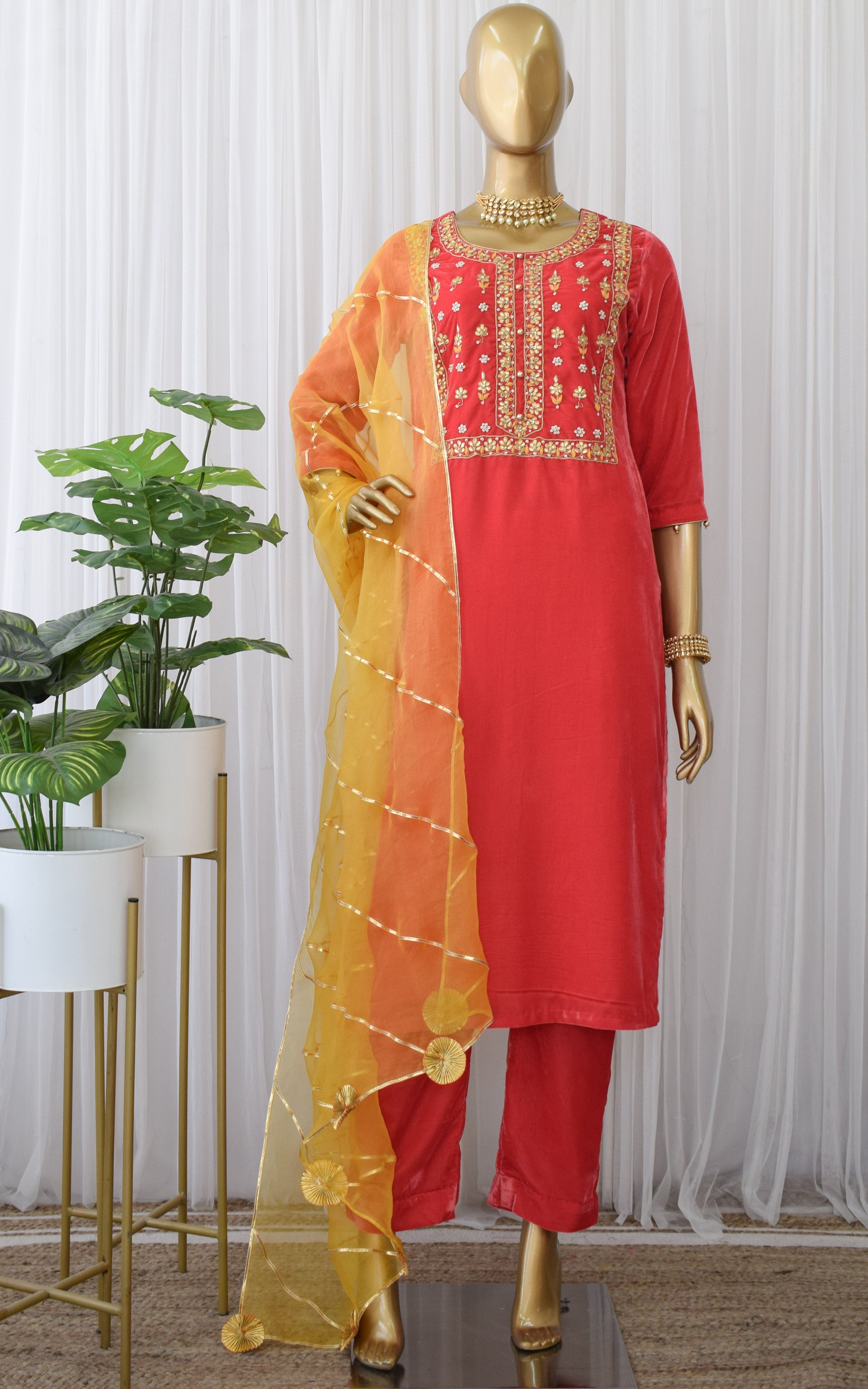 Coral Velvet Gota Patti Suit