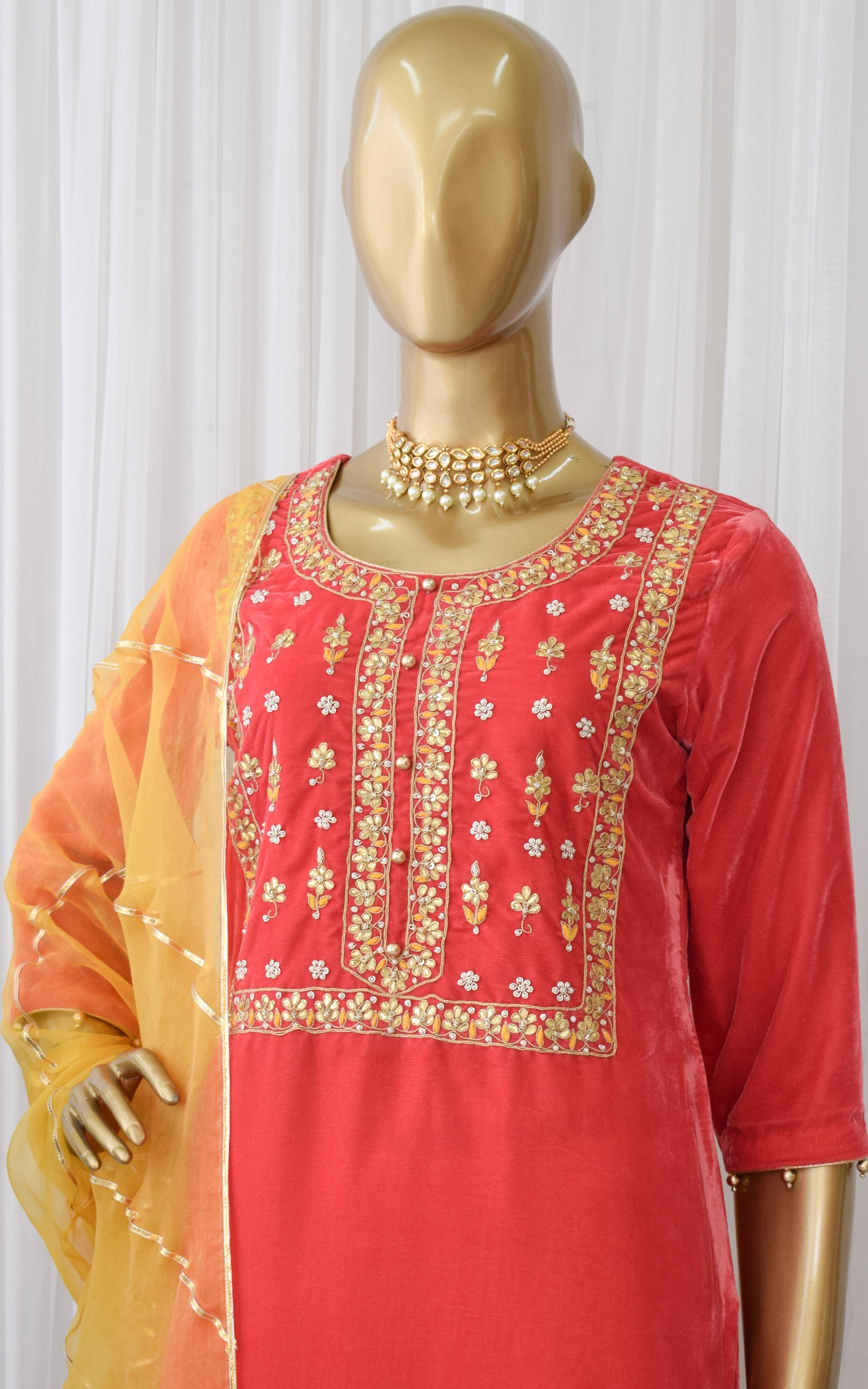 Coral Velvet Gota Patti Suit